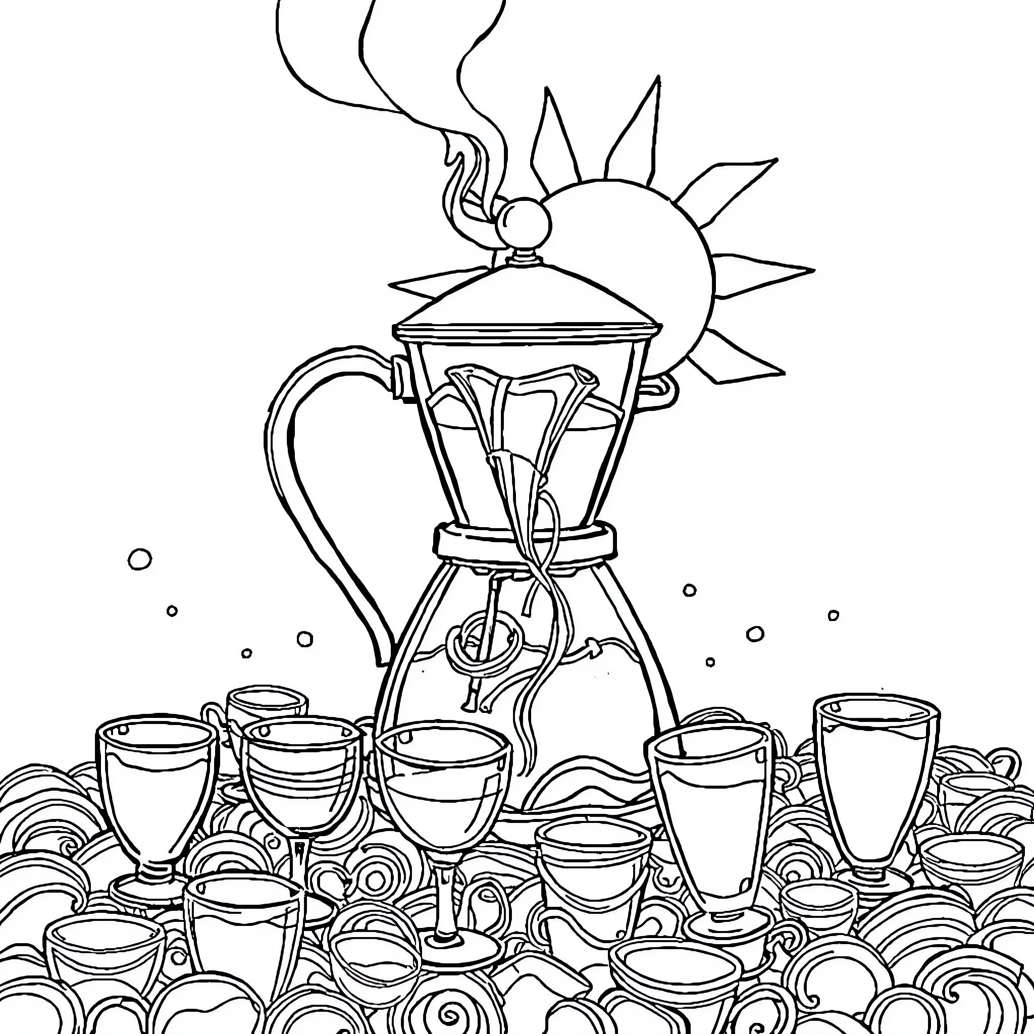 Coffee served with style under the sun Coloring Page (free black-and-white line drawing printable PDF for all, from beginners to advanced learners, including children, teens, adults, and seniors)