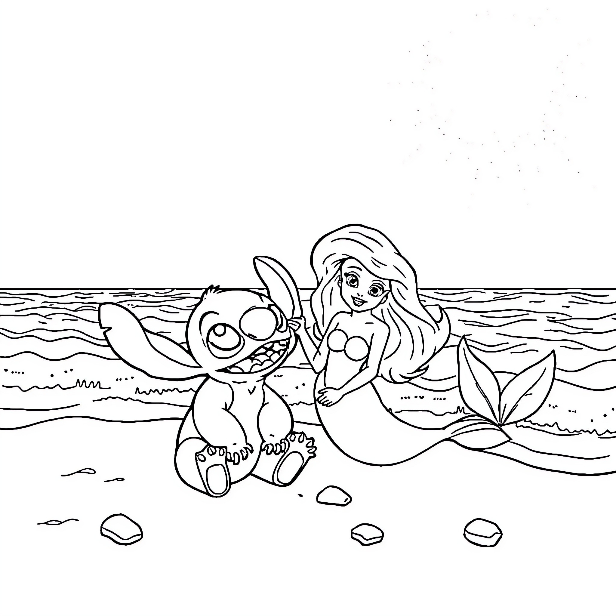 Stitch and Mermaid Play by the Sea Coloring Page (free black-and-white line drawing printable PDF for all, from beginners to advanced learners, including children, teens, adults, and seniors)