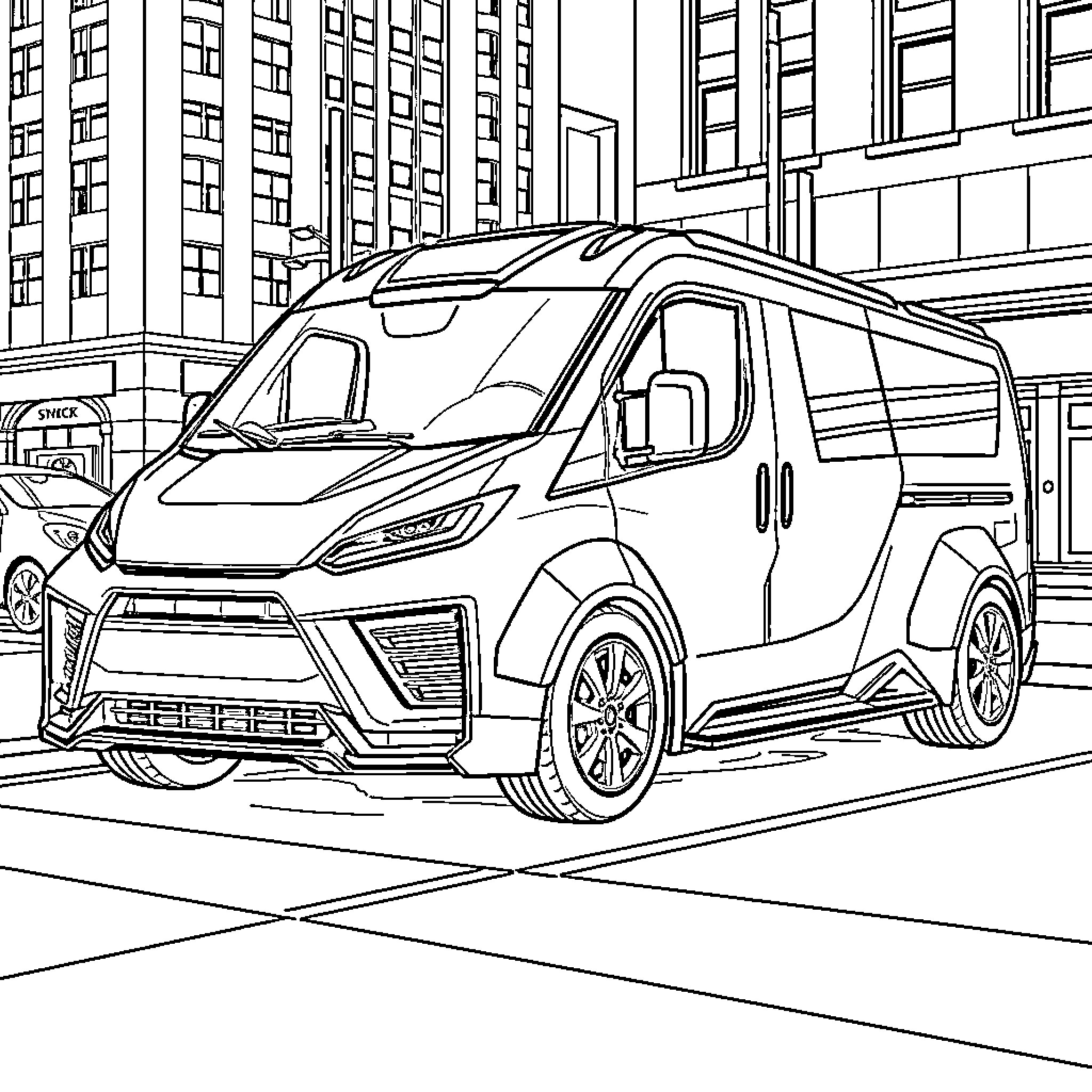 Cybertruck on the city street Coloring Page (free black-and-white line drawing printable PDF for all, from beginners to advanced learners, including children, teens, adults, and seniors)
