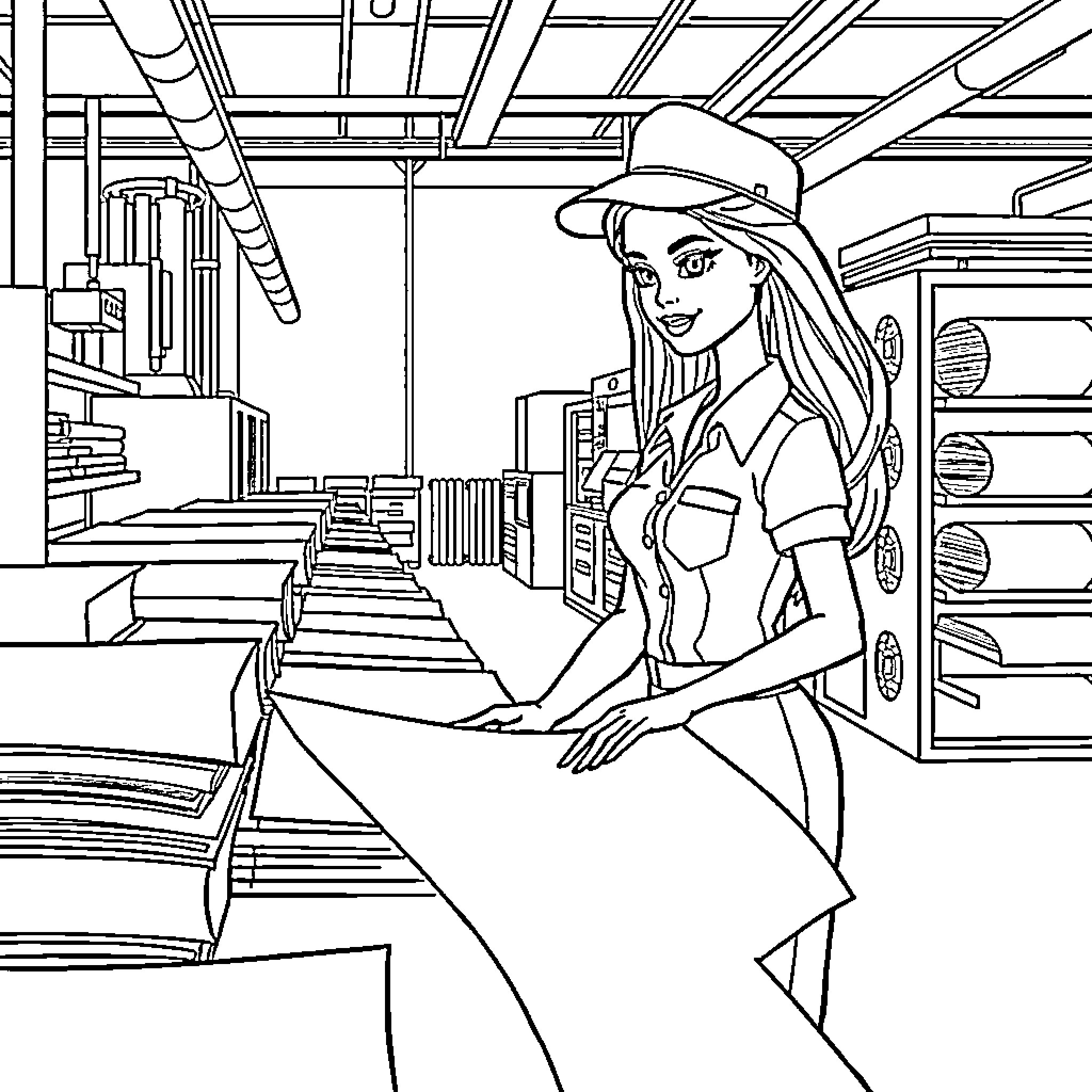 Barbie working in an industrial kitchen Coloring Page (free black-and-white line drawing printable PDF for all, from beginners to advanced learners, including children, teens, adults, and seniors)