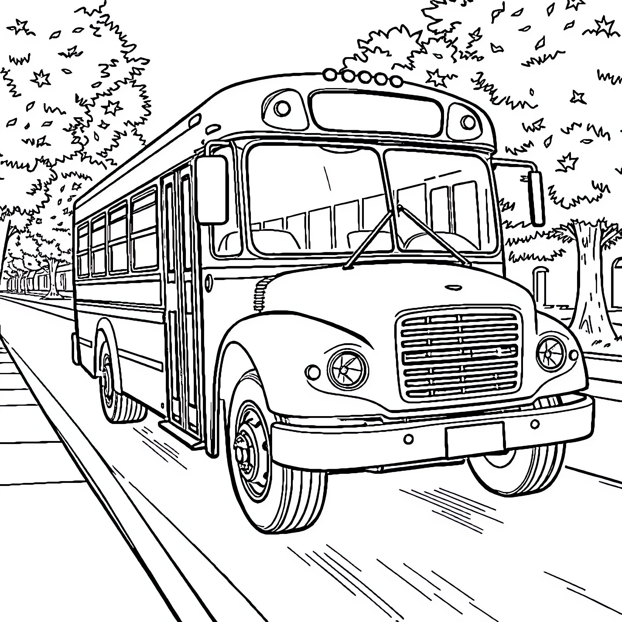 Bus Transporting Passengers on the Road Coloring Page (free black-and-white line drawing printable PDF for all, from beginners to advanced learners, including children, teens, adults, and seniors)