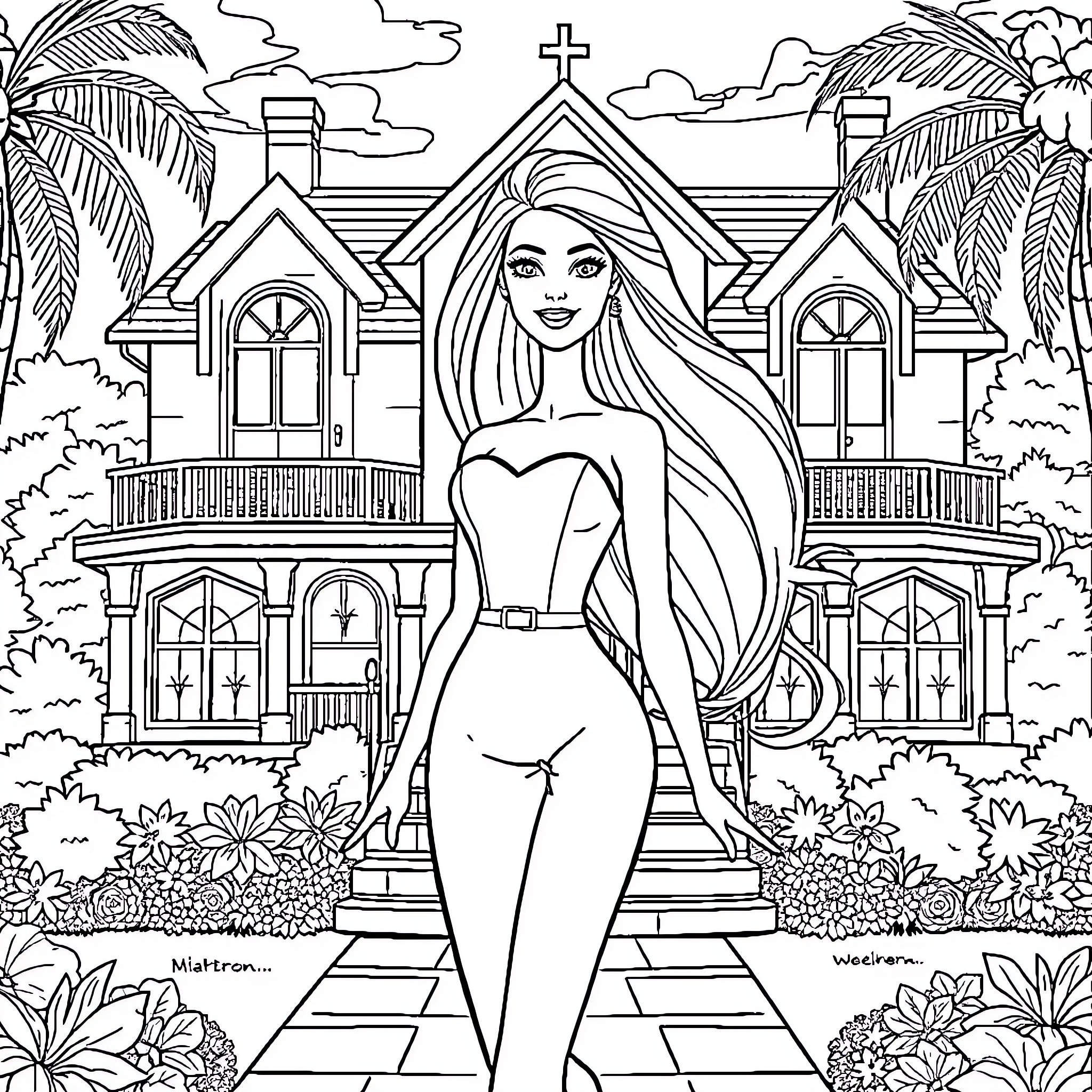 Barbie's Victorian-Style Mansion Adventure Coloring Page (free black-and-white line drawing printable PDF for all, from beginners to advanced learners, including children, teens, adults, and seniors)