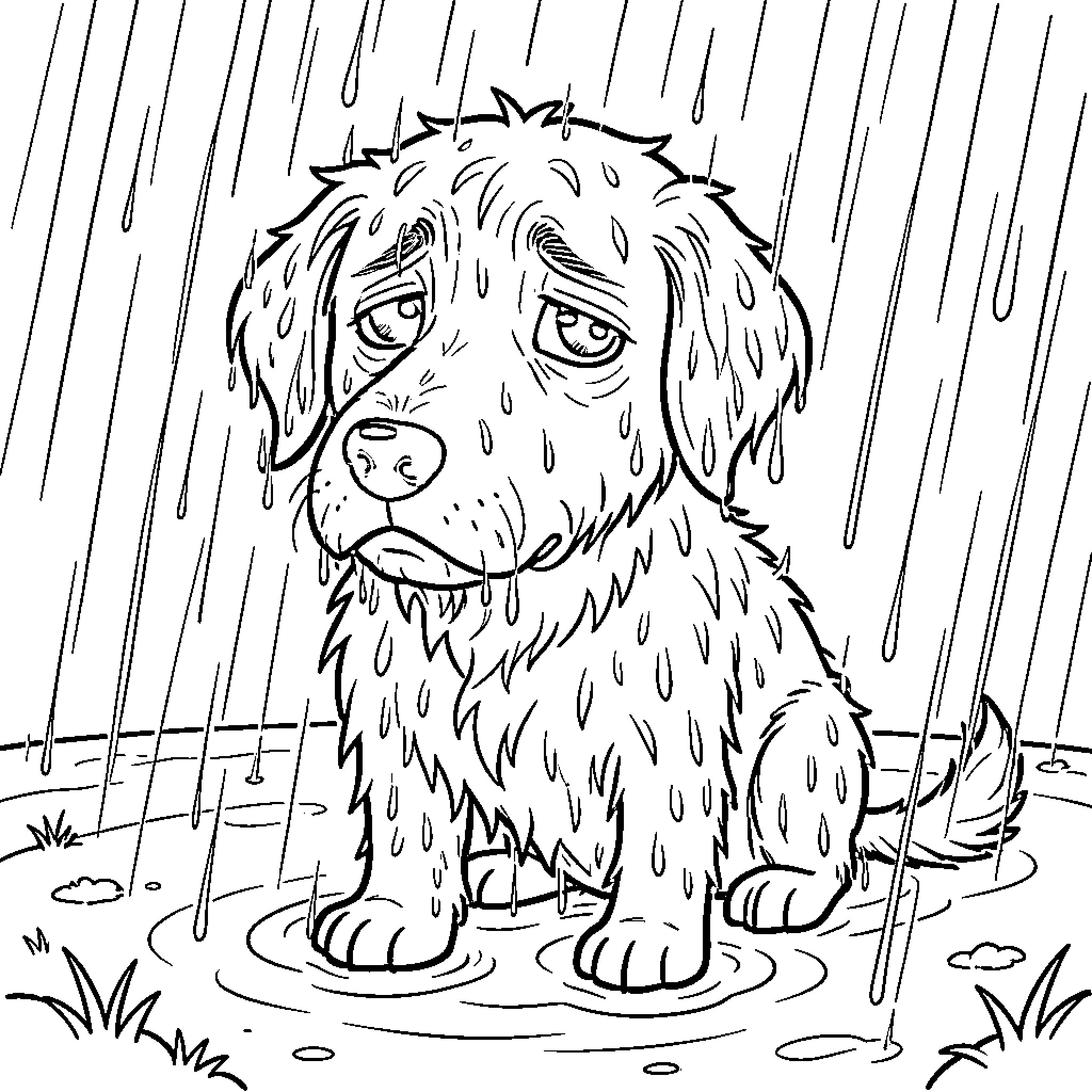 Dog caught in the rain Coloring Page (free black-and-white line drawing printable PDF for all, from beginners to advanced learners, including children, teens, adults, and seniors)