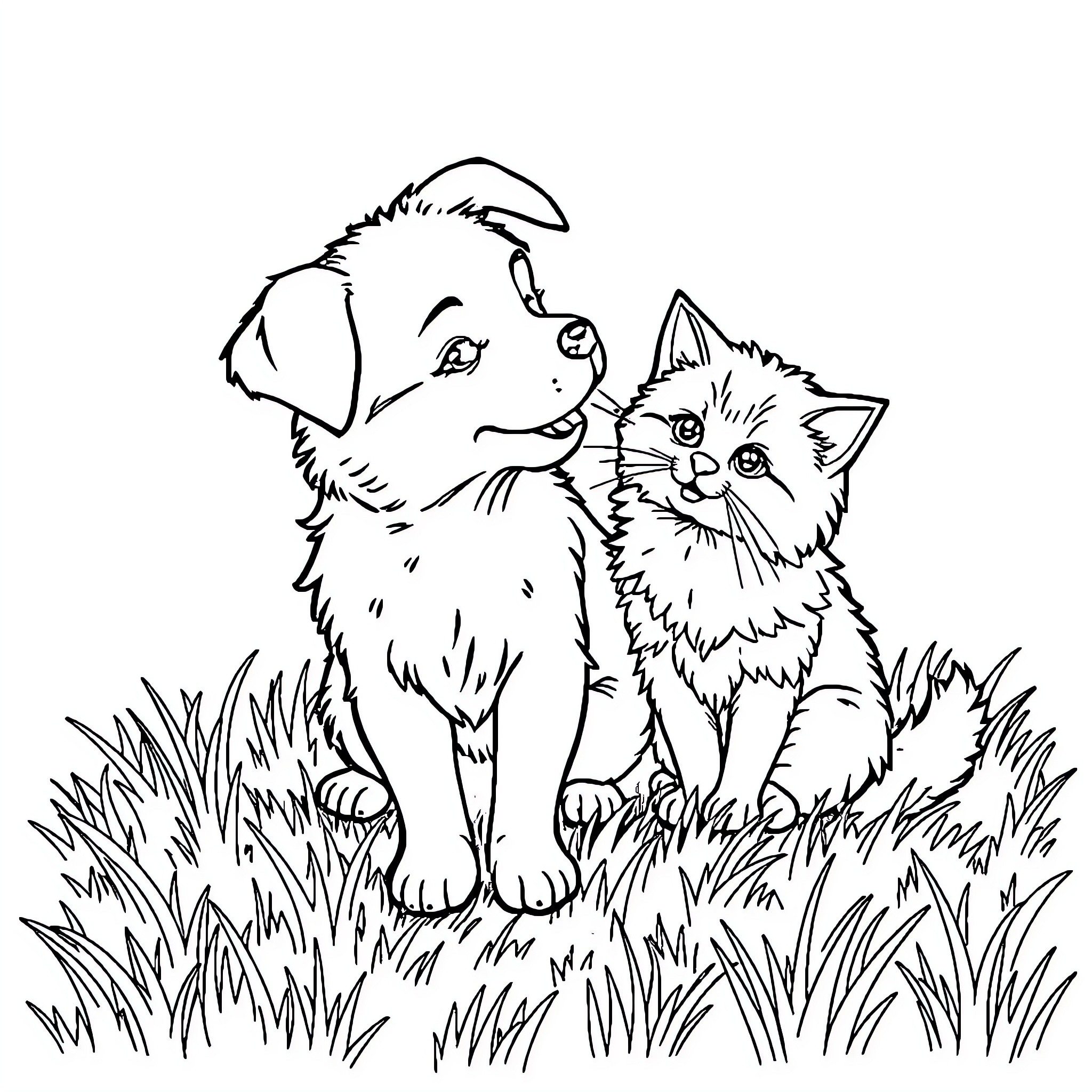 Dog and cat playing together in the grass Coloring Page (free black-and-white line drawing printable PDF for all, from beginners to advanced learners, including children, teens, adults, and seniors)