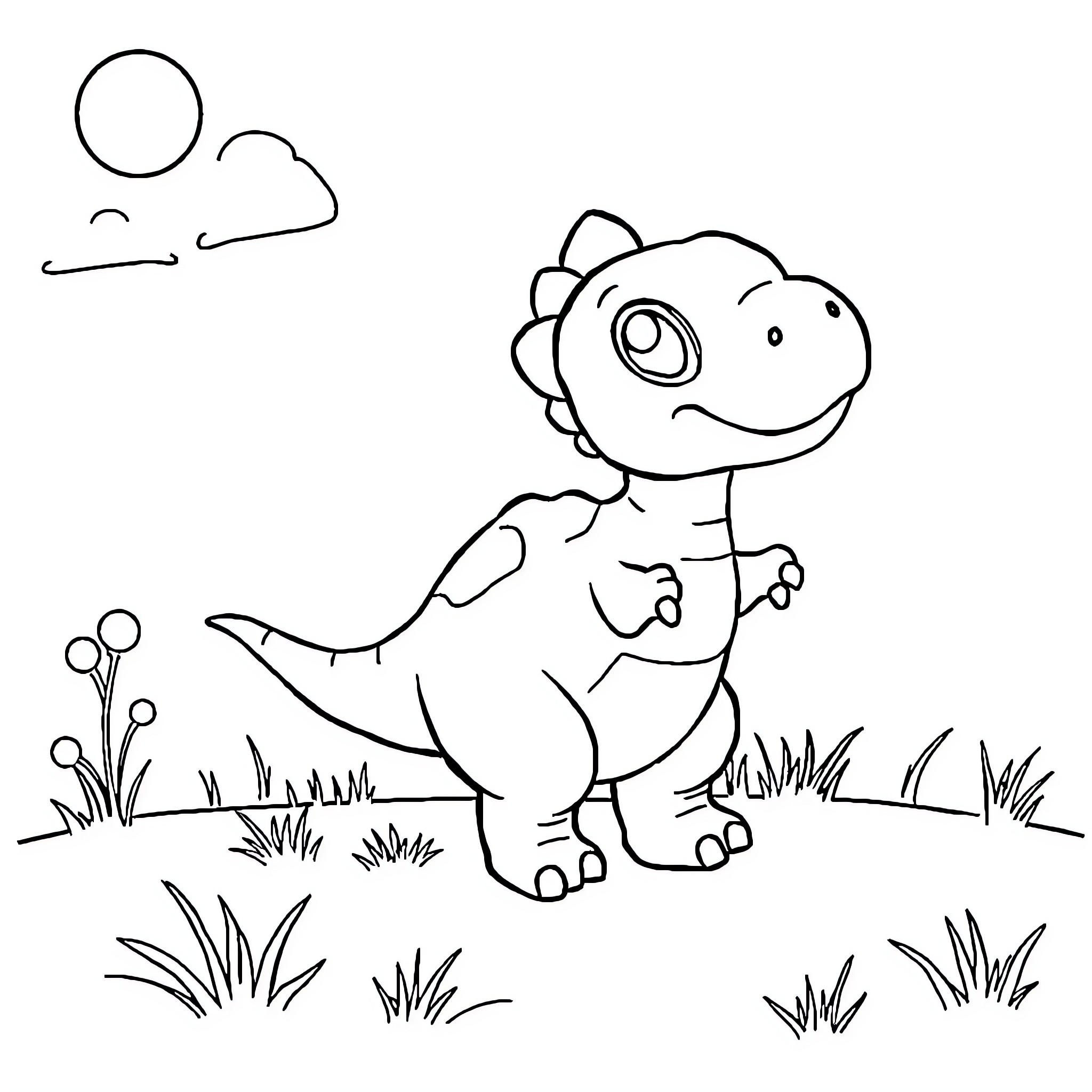 Dinosaur exploring the grassy field Coloring Page (free black-and-white line drawing printable PDF for all, from beginners to advanced learners, including children, teens, adults, and seniors)