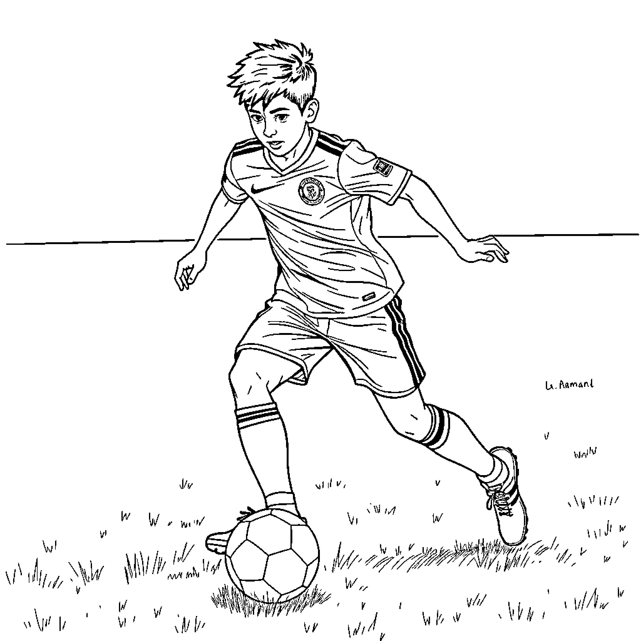 Lamin playing soccer on the field Coloring Page (free black-and-white line drawing printable PDF for all, from beginners to advanced learners, including children, teens, adults, and seniors)