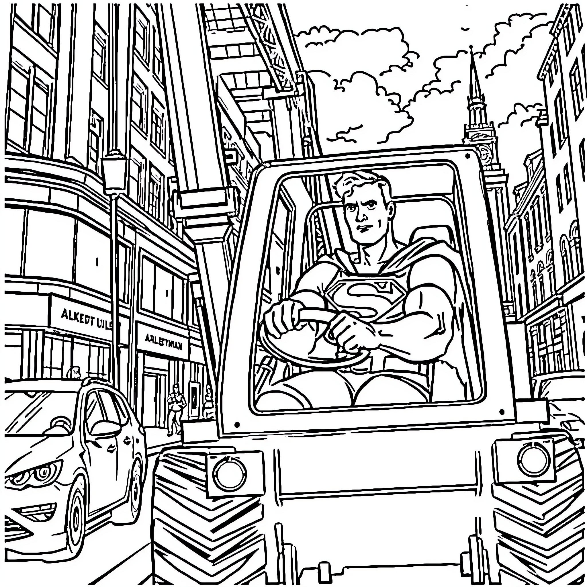 Superman heroically flying over city streets Coloring Page (free black-and-white line drawing printable PDF for all, from beginners to advanced learners, including children, teens, adults, and seniors)