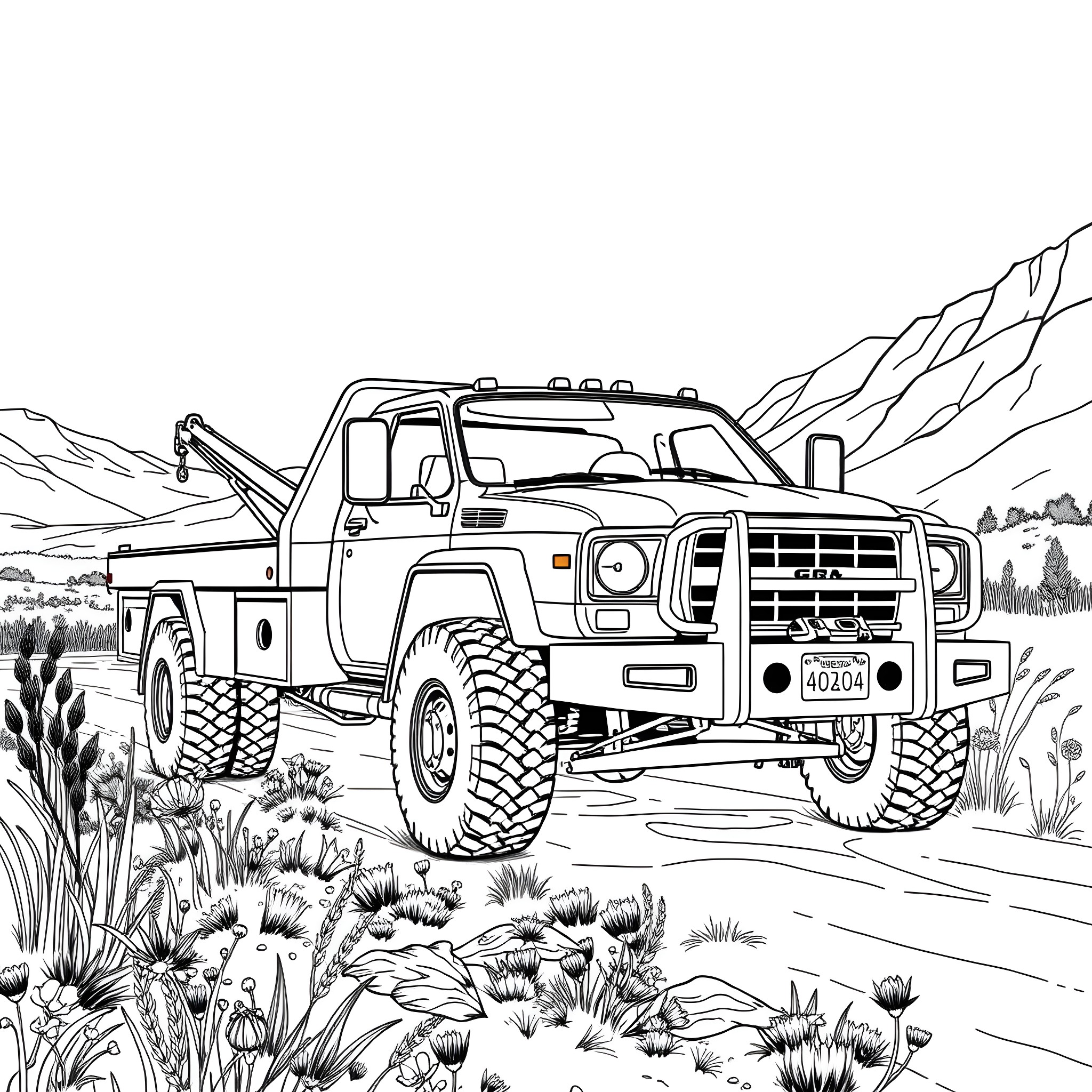 Wrecker truck towing a damaged vehicle through rugged terrain Coloring Page (free black-and-white line drawing printable PDF for all, from beginners to advanced learners, including children, teens, adults, and seniors)