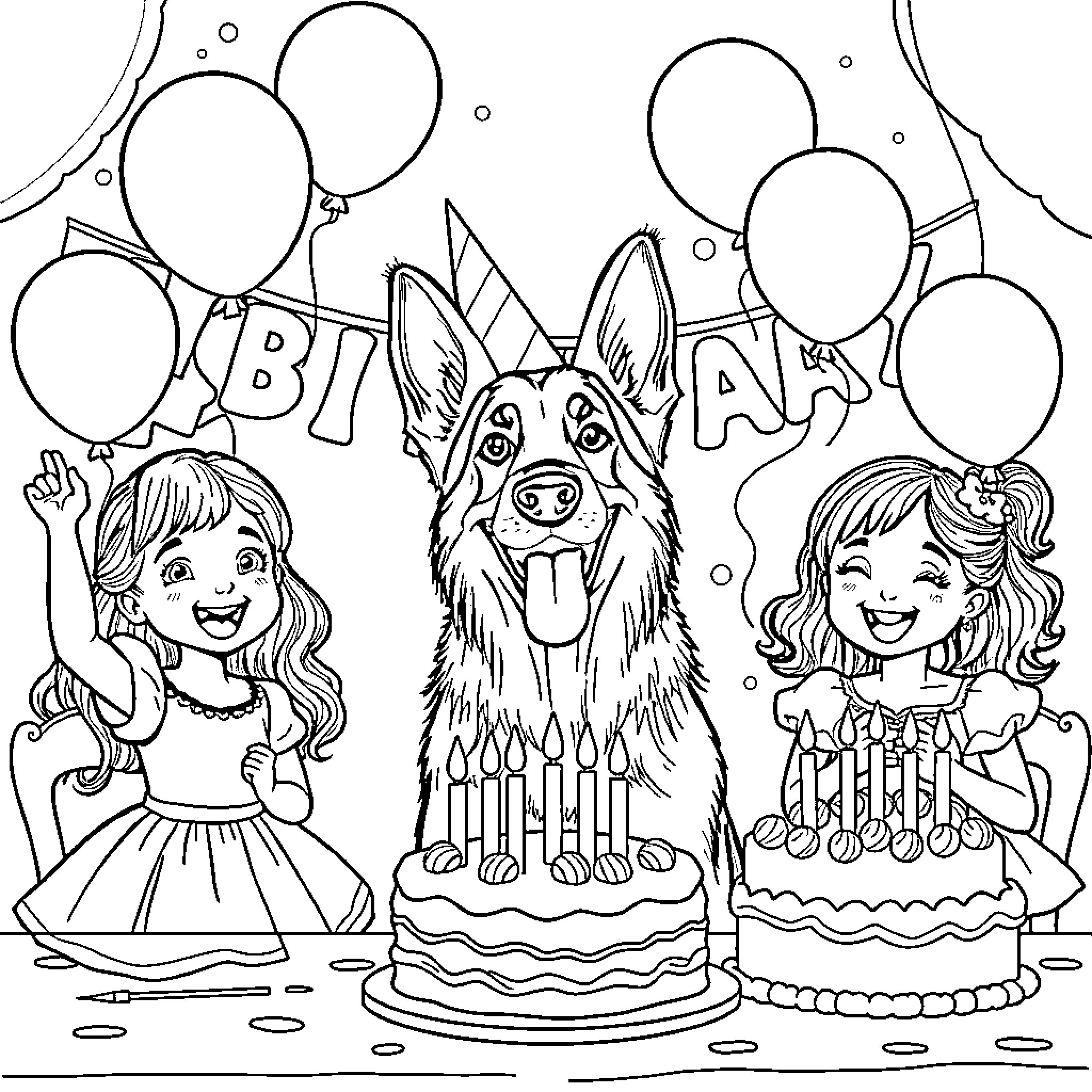 German Shepherd celebrates birthday with girls Coloring Page (free black-and-white line drawing printable PDF for all, from beginners to advanced learners, including children, teens, adults, and seniors)