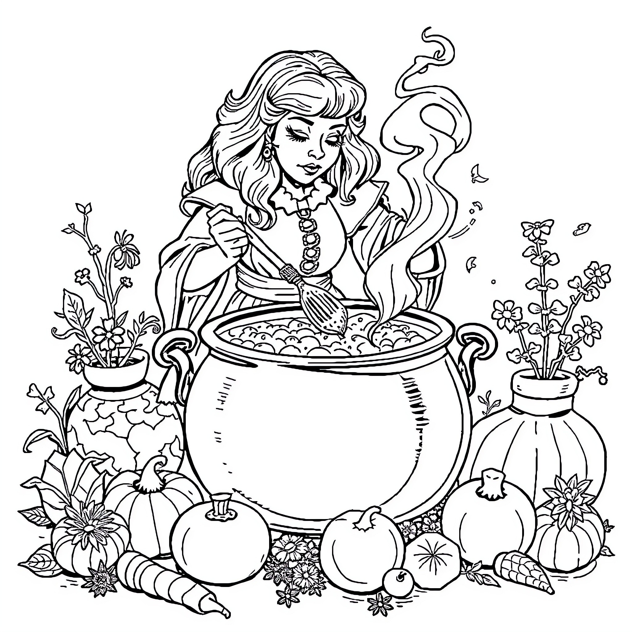 Winnifred Sanderson stirring a cauldron amidst enchanting flora Coloring Page (free black-and-white line drawing printable PDF for all, from beginners to advanced learners, including children, teens, adults, and seniors)