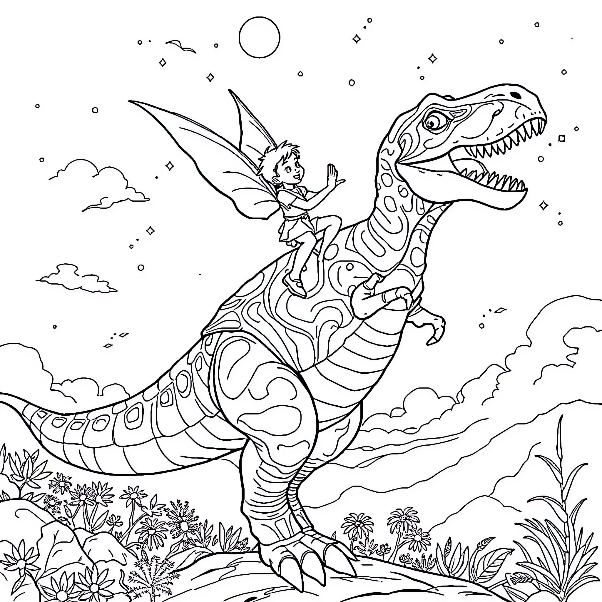 Peter Pan flying on a colorful dinosaur in a fantasy landscape Coloring Page (free black-and-white line drawing printable PDF for all, from beginners to advanced learners, including children, teens, adults, and seniors)