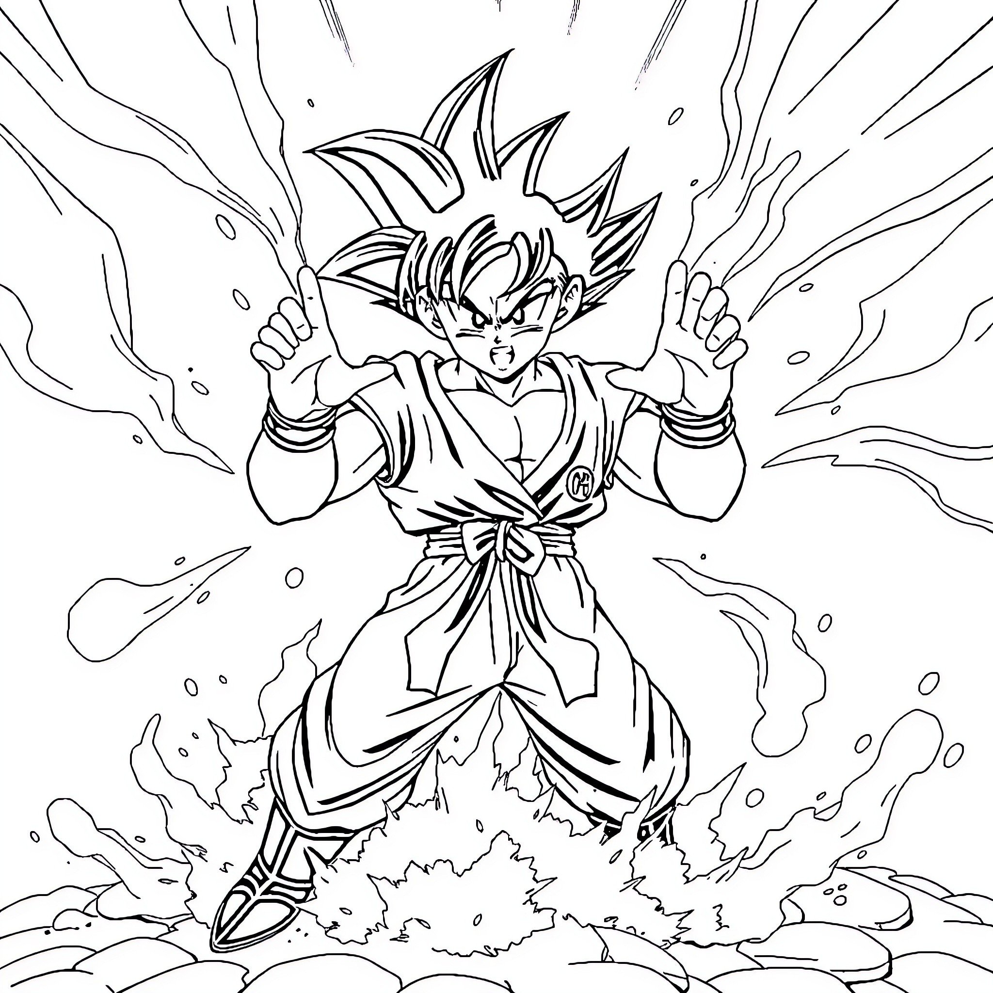 Gohan's Heroic Transformation and Power Display Coloring Page (free black-and-white line drawing printable PDF for all, from beginners to advanced learners, including children, teens, adults, and seniors)