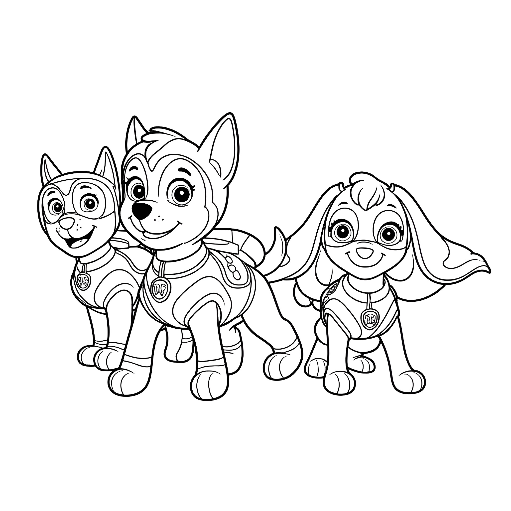 Paw Patrol characters in action poses Coloring Page (free black-and-white line drawing printable PDF for all, from beginners to advanced learners, including children, teens, adults, and seniors)