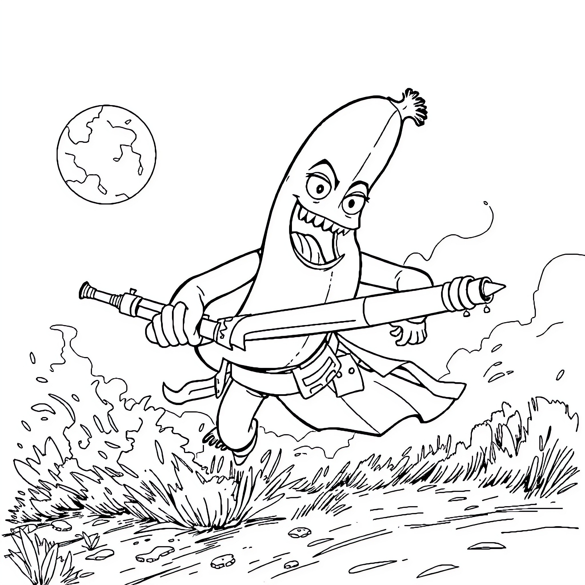 Banana ninja battles fiercely in the wild Coloring Page (free black-and-white line drawing printable PDF for all, from beginners to advanced learners, including children, teens, adults, and seniors)