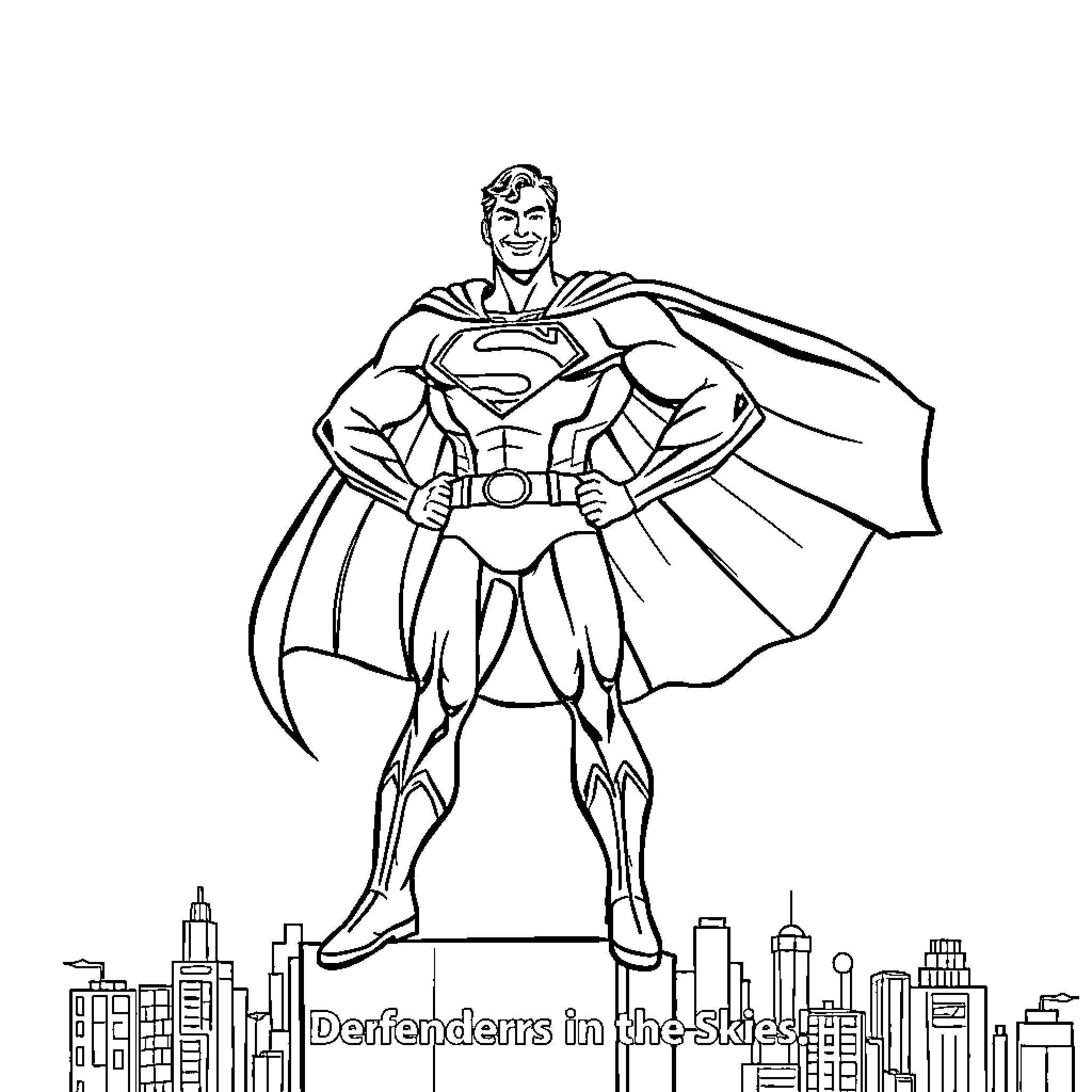 Superhero Defending the City from Above Coloring Page (free black-and-white line drawing printable PDF for all, from beginners to advanced learners, including children, teens, adults, and seniors)