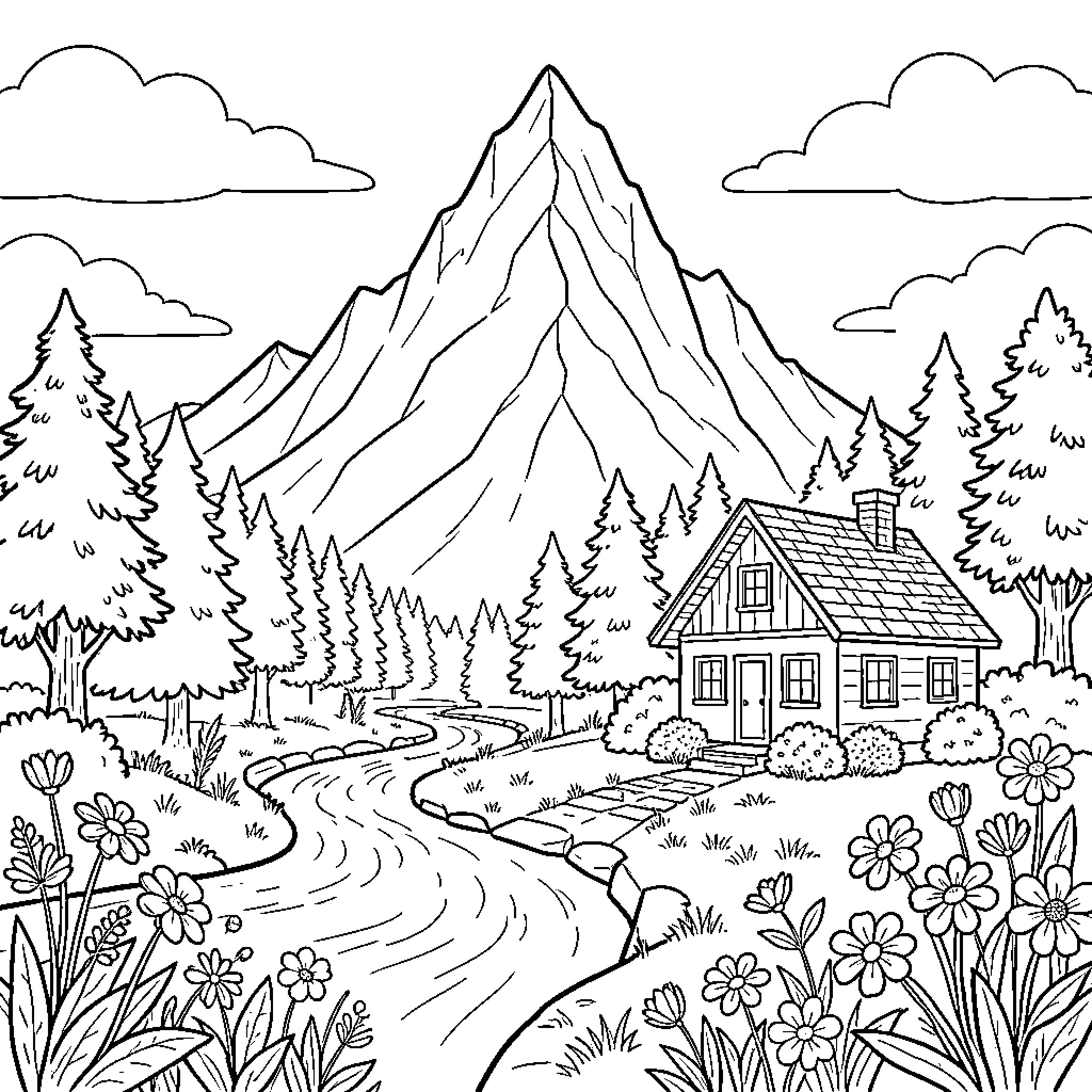 Mountain Landscape with Rustic Cabin and Scenic Trail Coloring Page (free black-and-white line drawing printable PDF for all, from beginners to advanced learners, including children, teens, adults, and seniors)