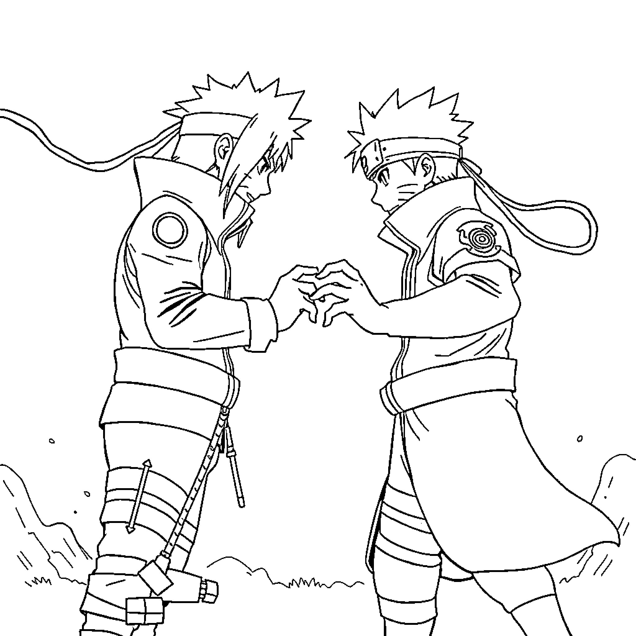 Naruto Shinobi Warriors Engage in Handshake Coloring Page (free black-and-white line drawing printable PDF for all, from beginners to advanced learners, including children, teens, adults, and seniors)