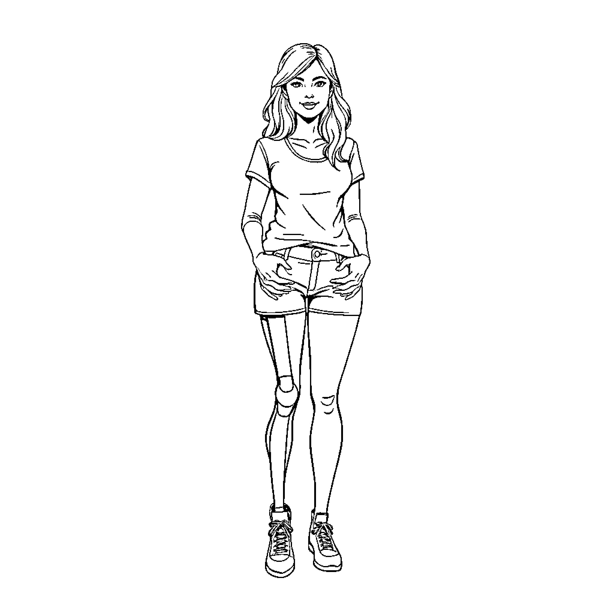 Woman in casual outfit posing Coloring Page (free black-and-white line drawing printable PDF for all, from beginners to advanced learners, including children, teens, adults, and seniors)