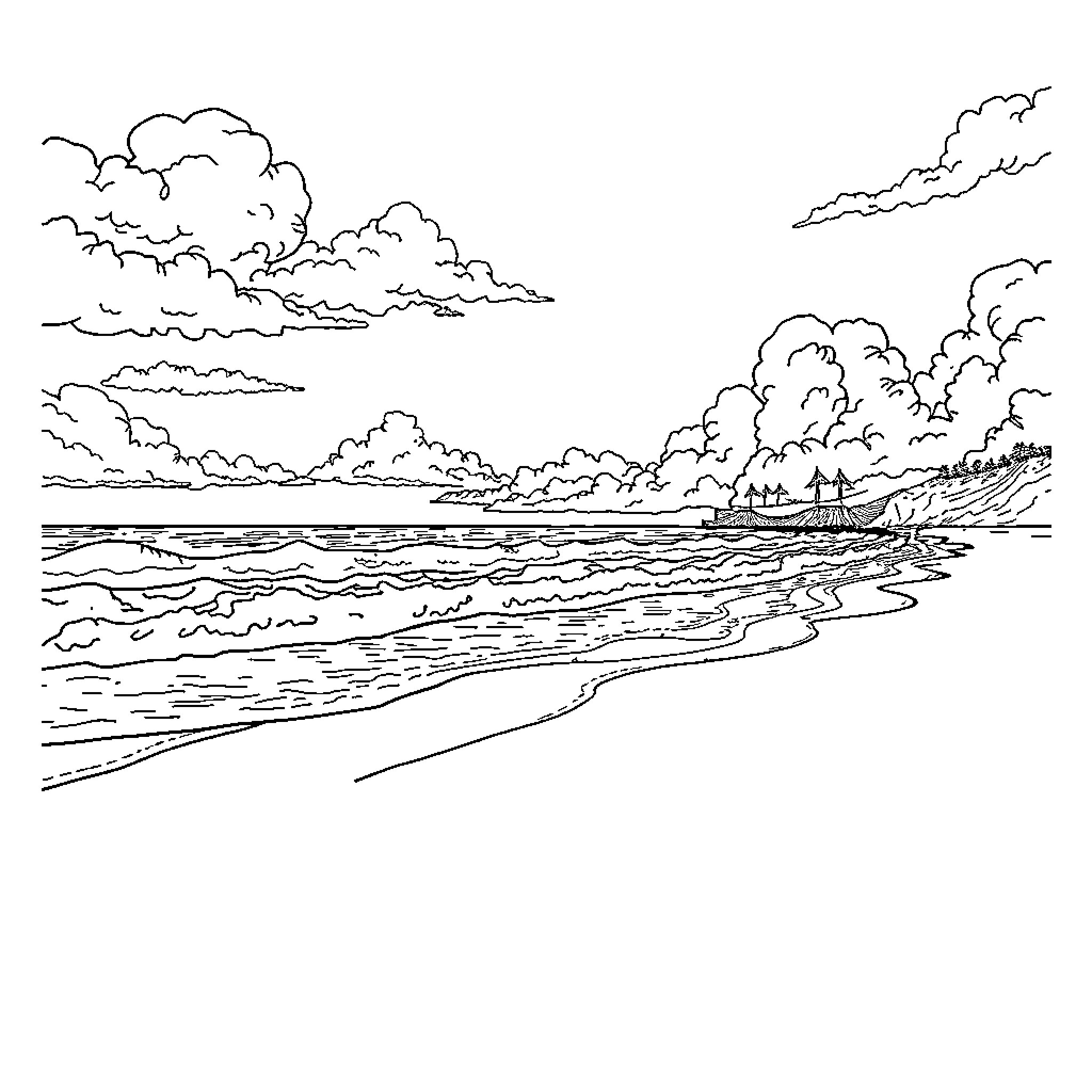 Robinson's Scenic Coastal Landscape Coloring Page (free black-and-white line drawing printable PDF for all, from beginners to advanced learners, including children, teens, adults, and seniors)