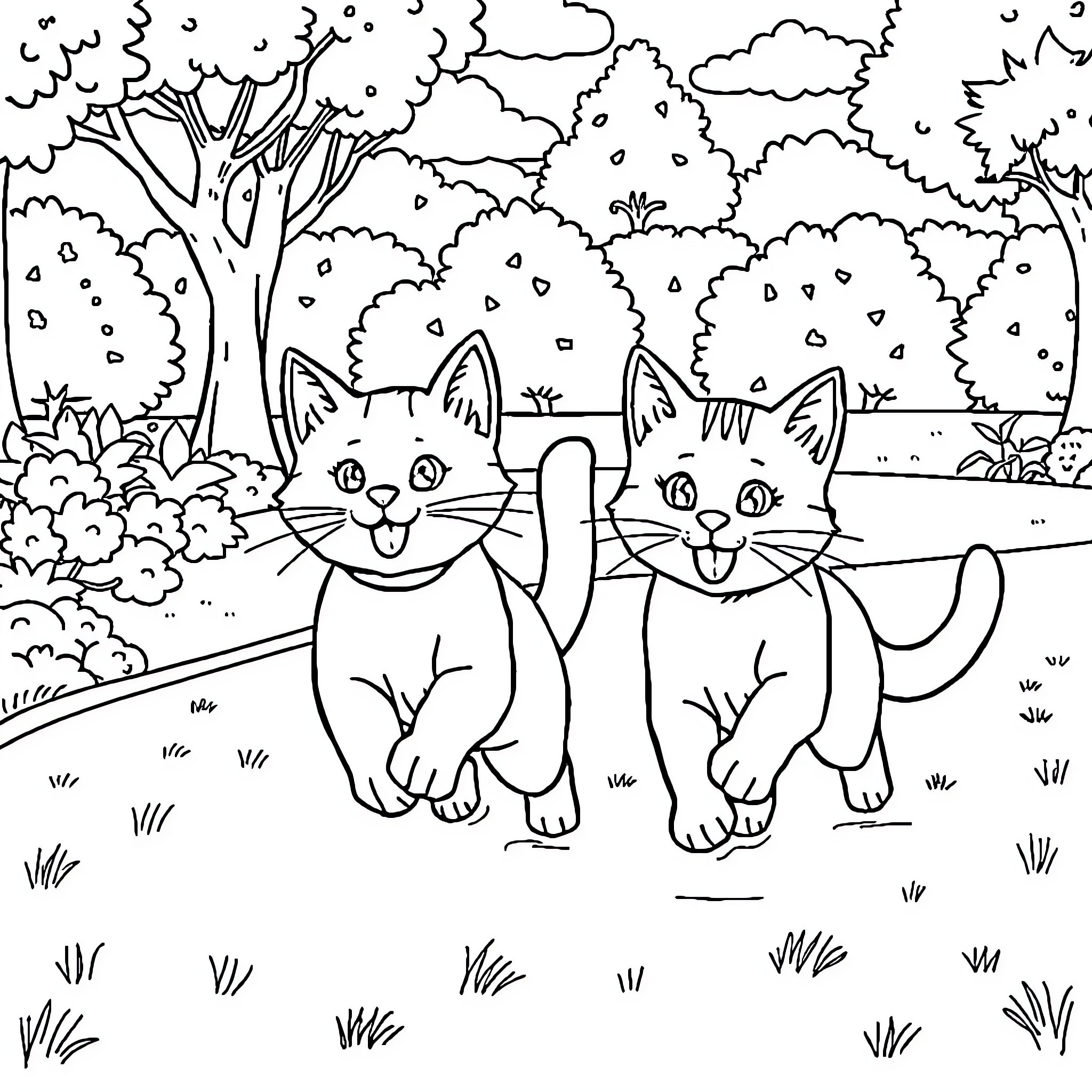Cat Companions Explore Outdoor Scene Coloring Page (free black-and-white line drawing printable PDF for all, from beginners to advanced learners, including children, teens, adults, and seniors)
