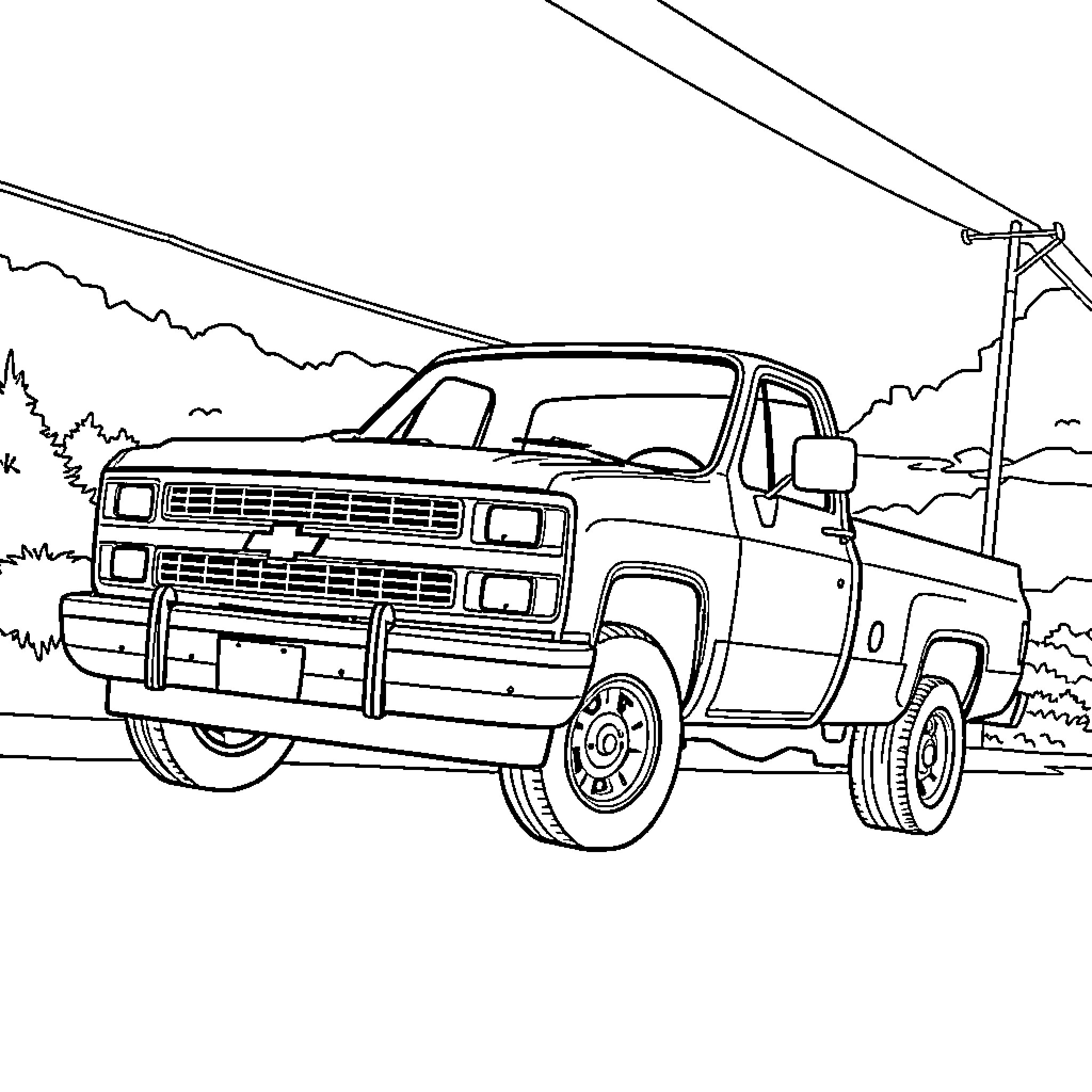 Chevy pickup truck in the countryside Coloring Page (free black-and-white line drawing printable PDF for all, from beginners to advanced learners, including children, teens, adults, and seniors)