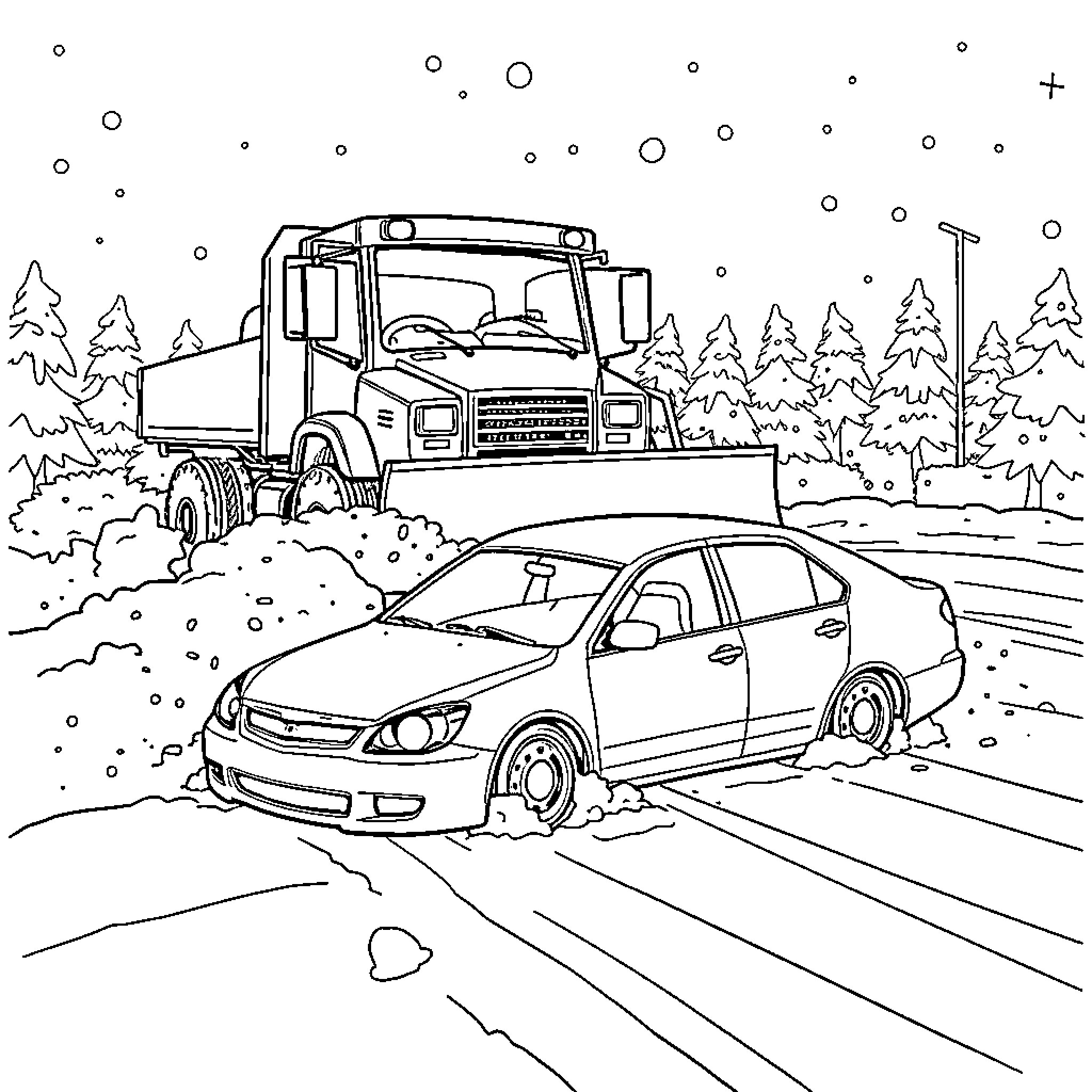 Car parked on snowy road near large truck Coloring Page (free black-and-white line drawing printable PDF for all, from beginners to advanced learners, including children, teens, adults, and seniors)