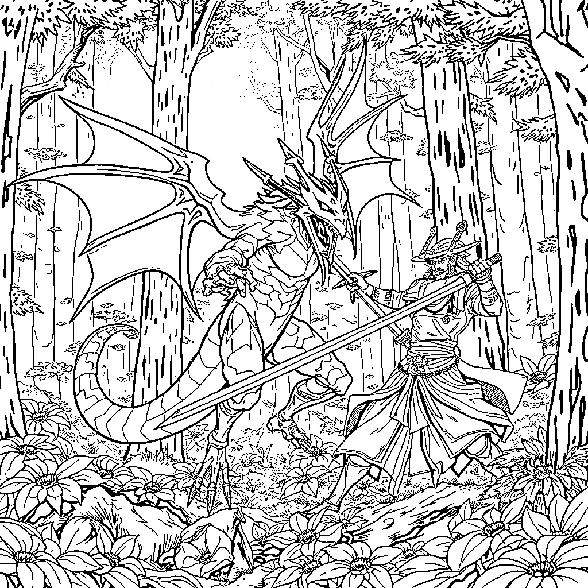 Scyther battling warrior in enchanted forest Coloring Page (free black-and-white line drawing printable PDF for all, from beginners to advanced learners, including children, teens, adults, and seniors)