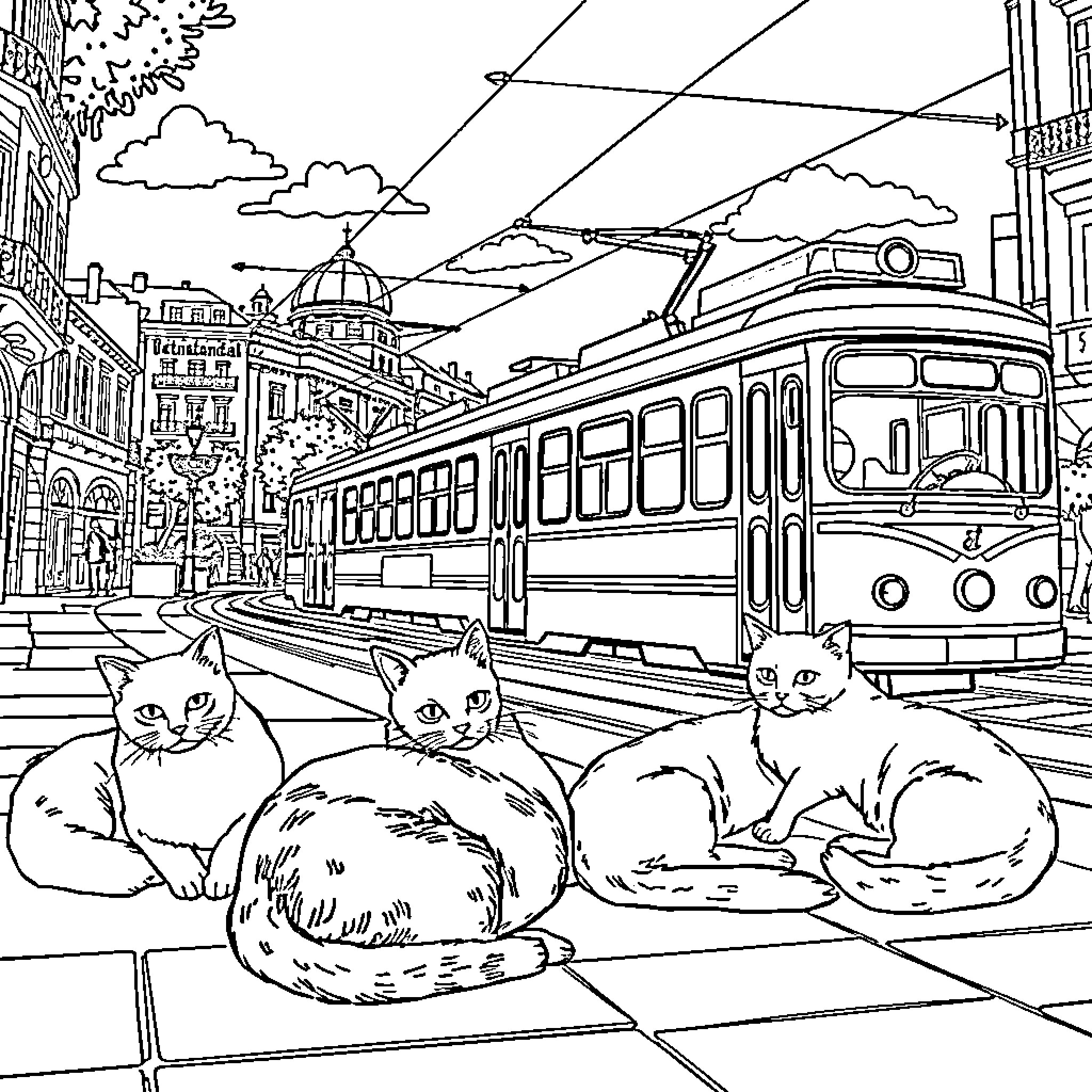 Cat sitting on street with vintage tram Coloring Page (free black-and-white line drawing printable PDF for all, from beginners to advanced learners, including children, teens, adults, and seniors)