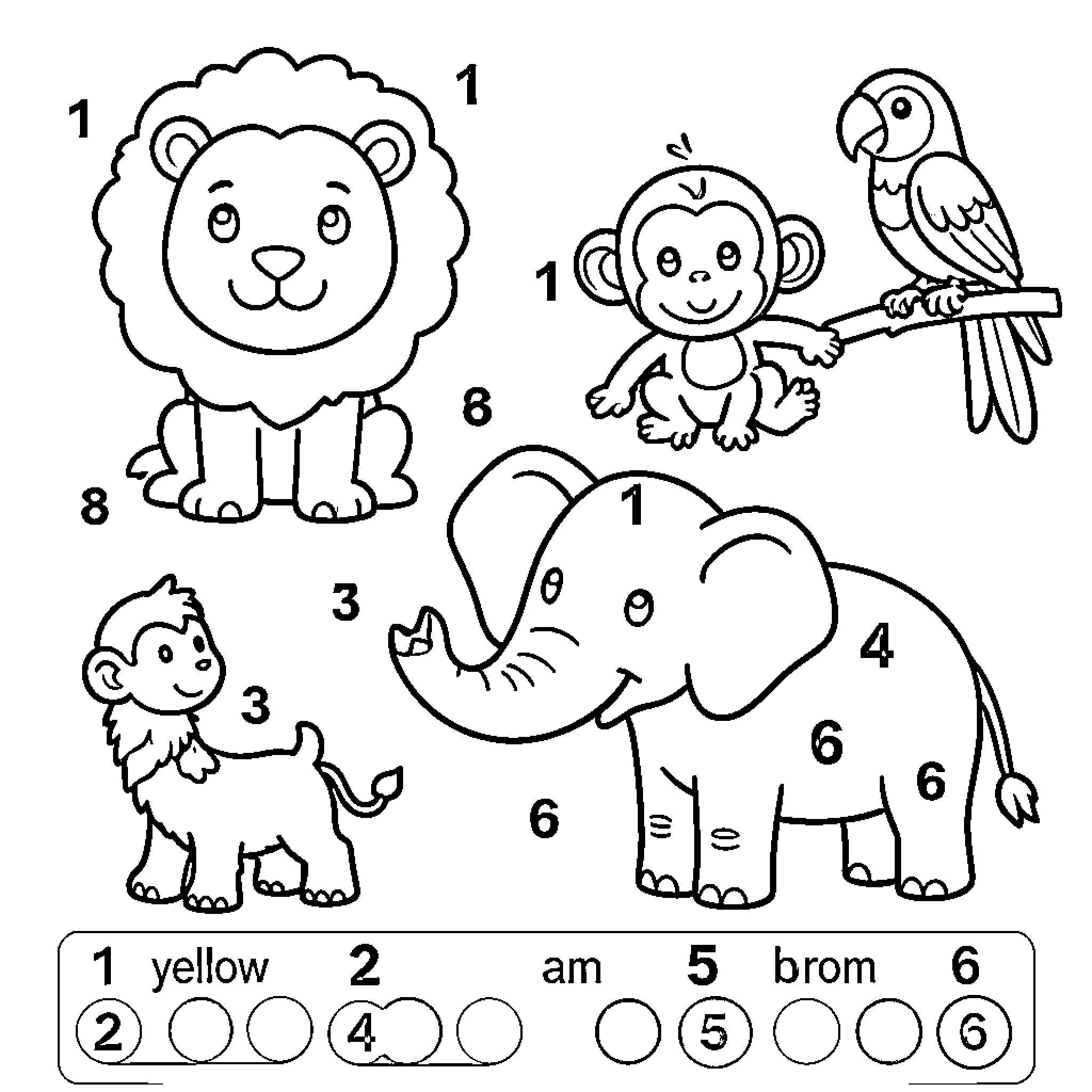 Jungle Animal characters smiling in a friendly scene Coloring Page (free black-and-white line drawing printable PDF for all, from beginners to advanced learners, including children, teens, adults, and seniors)
