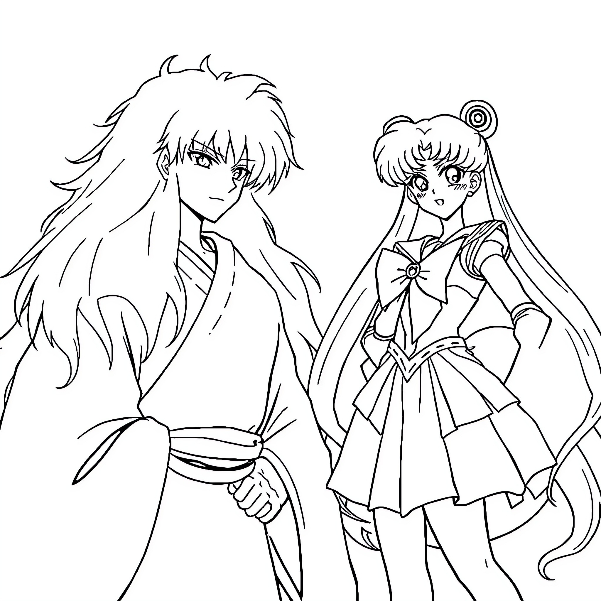 Sailor Moon Protagonists in Iconic Poses Coloring Page (free black-and-white line drawing printable PDF for all, from beginners to advanced learners, including children, teens, adults, and seniors)