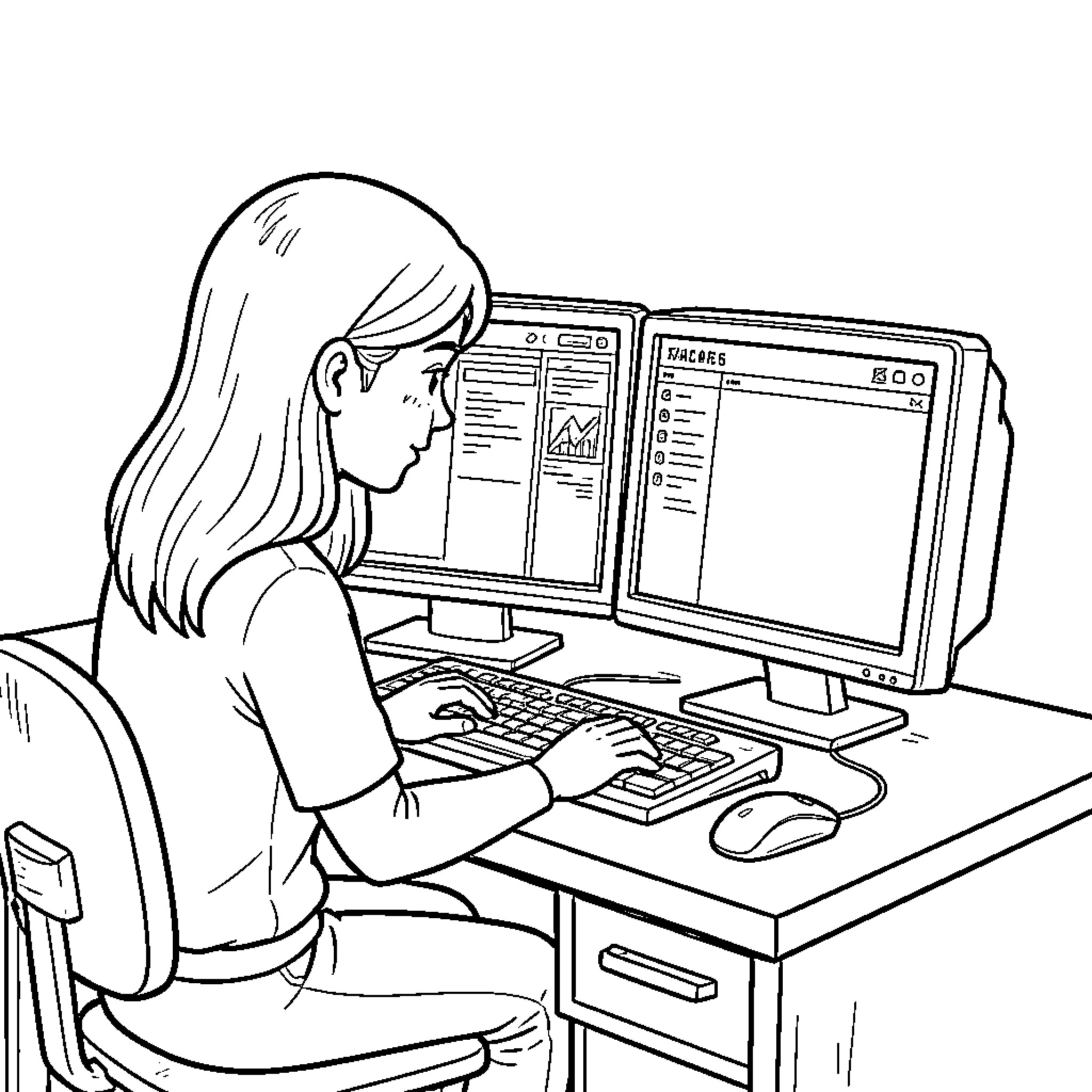 Fille working diligently at a desk with dual monitors Coloring Page (free black-and-white line drawing printable PDF for all, from beginners to advanced learners, including children, teens, adults, and seniors)