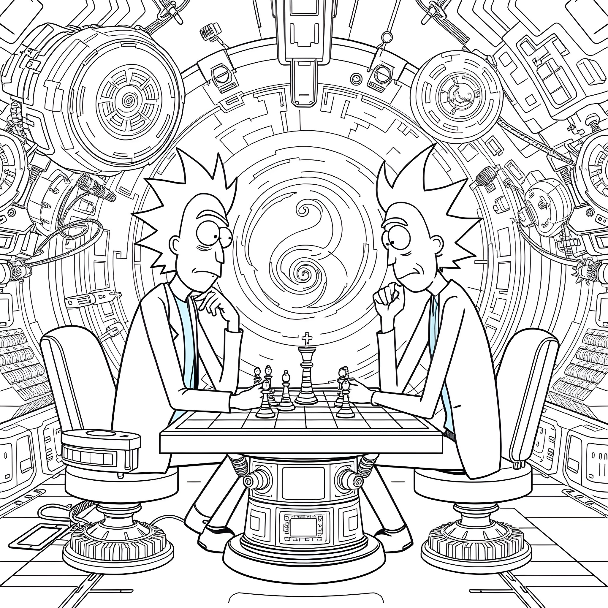 Rick And Morty playing chess in a futuristic setting Coloring Page (free black-and-white line drawing printable PDF for all, from beginners to advanced learners, including children, teens, adults, and seniors)