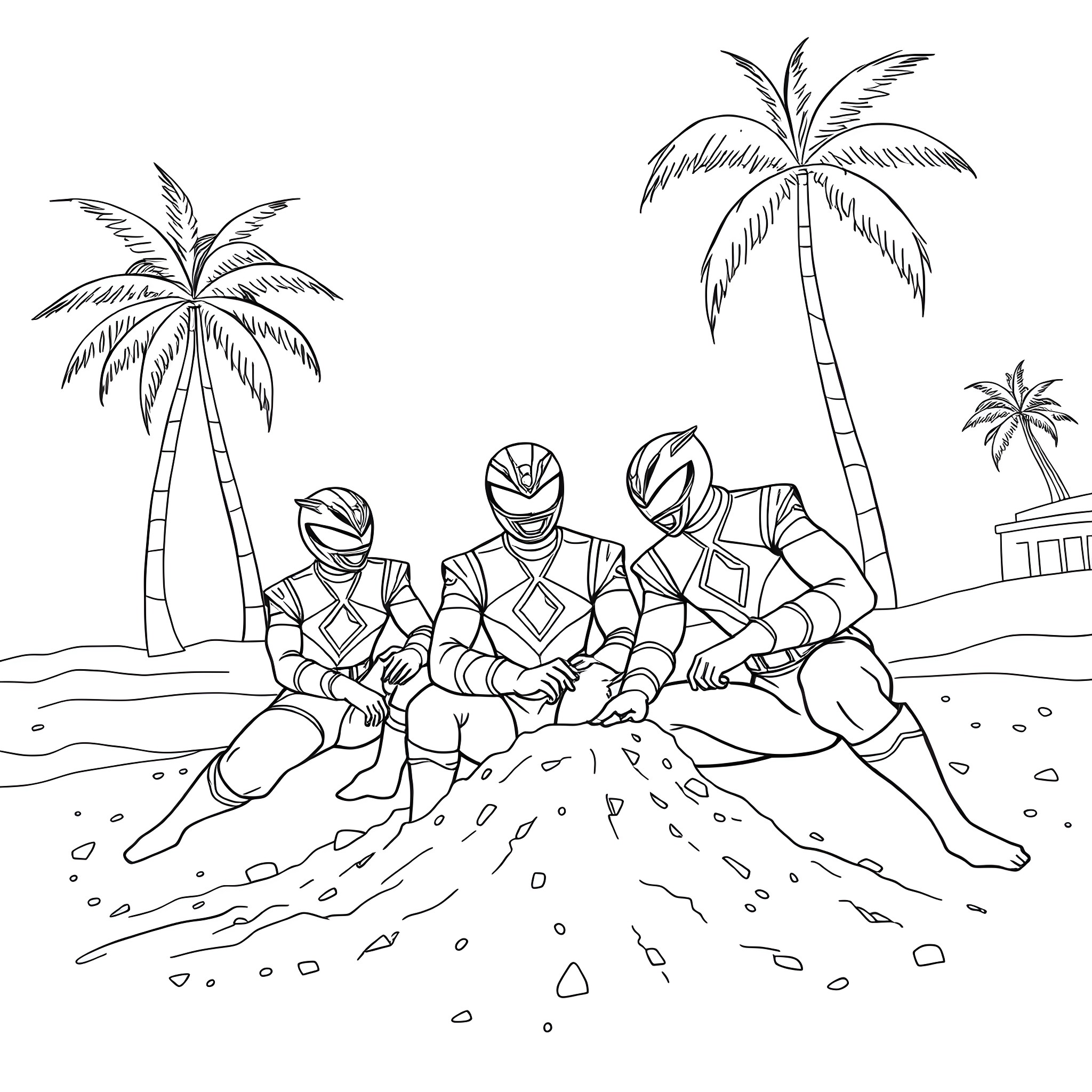 Power Rangers Defend Tropical Paradise Coloring Page (free black-and-white line drawing printable PDF for all, from beginners to advanced learners, including children, teens, adults, and seniors)