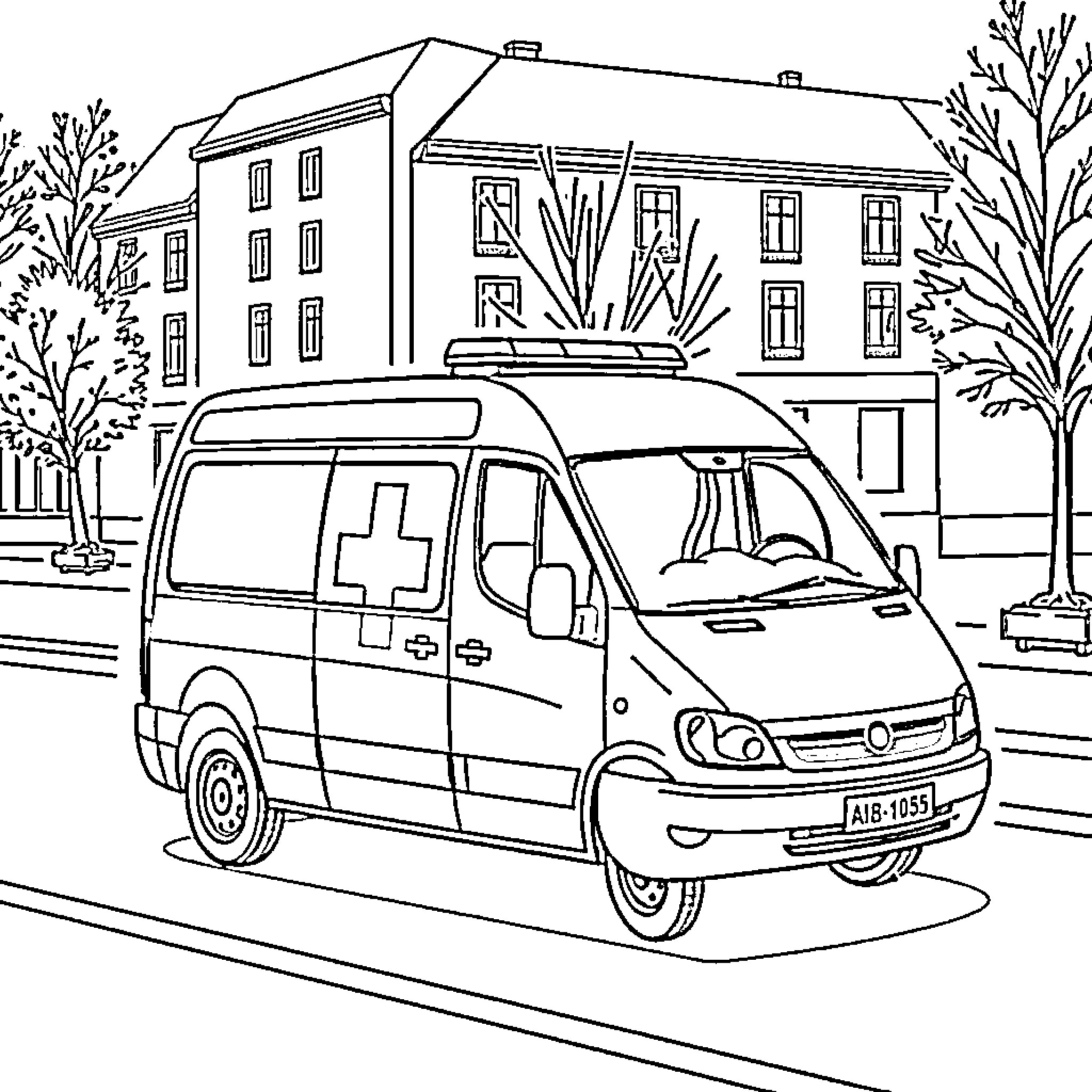 Ambulance responding to an emergency call Coloring Page (free black-and-white line drawing printable PDF for all, from beginners to advanced learners, including children, teens, adults, and seniors)