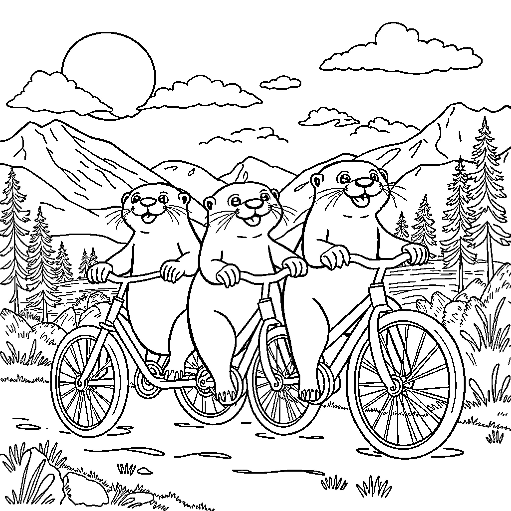 Otters riding bicycles through scenic mountain landscape Coloring Page (free black-and-white line drawing printable PDF for all, from beginners to advanced learners, including children, teens, adults, and seniors)