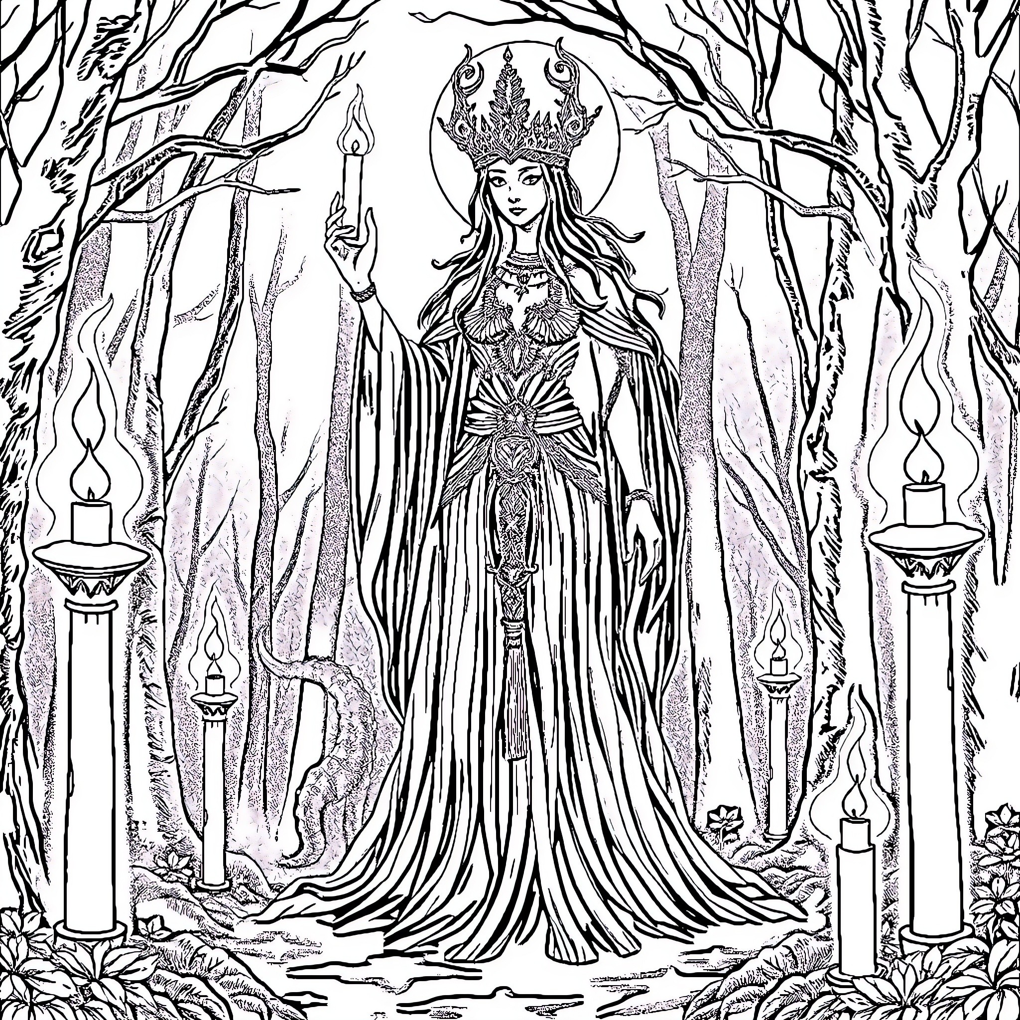 Hecate, Goddess of the Underworld, Stands Tall in a Mystical Forest Coloring Page (free black-and-white line drawing printable PDF for all, from beginners to advanced learners, including children, teens, adults, and seniors)