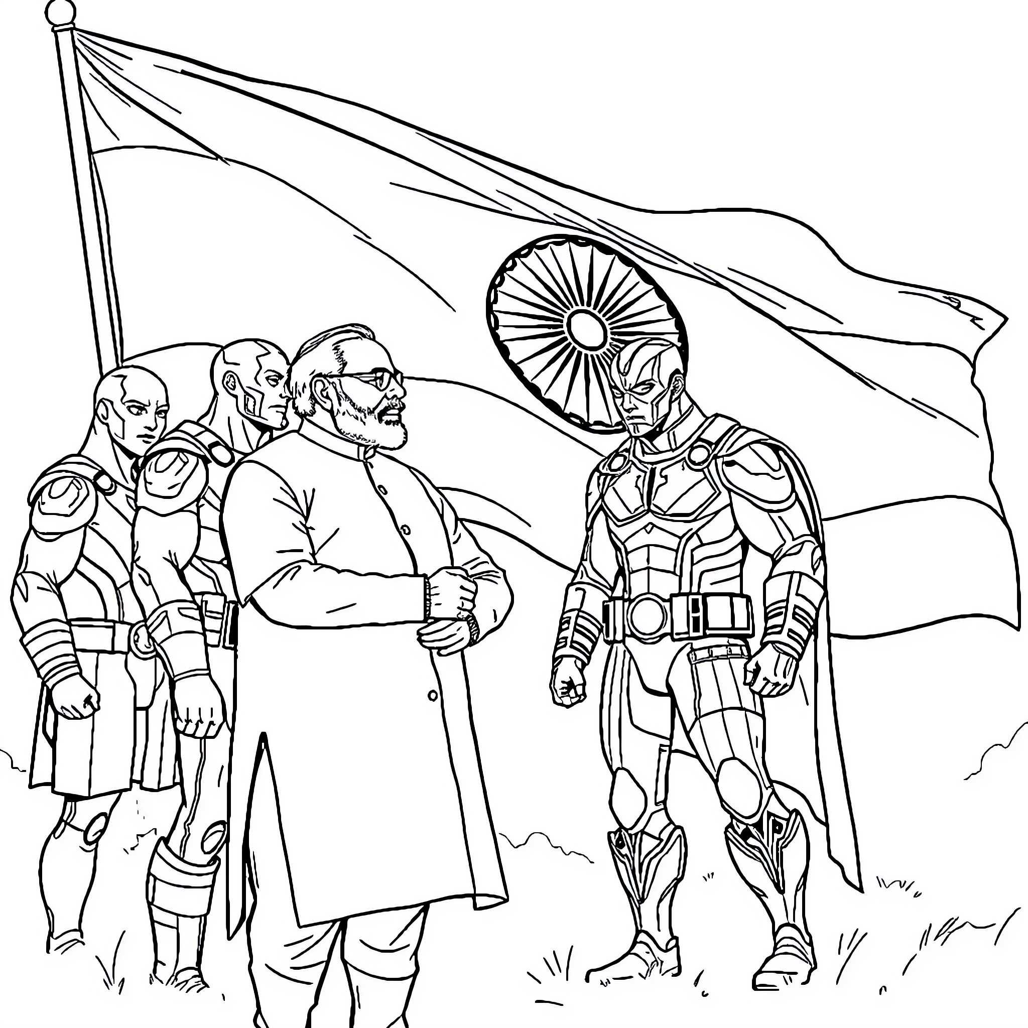 Narendra Modi Meets with Futuristic Figures Coloring Page (free black-and-white line drawing printable PDF for all, from beginners to advanced learners, including children, teens, adults, and seniors)