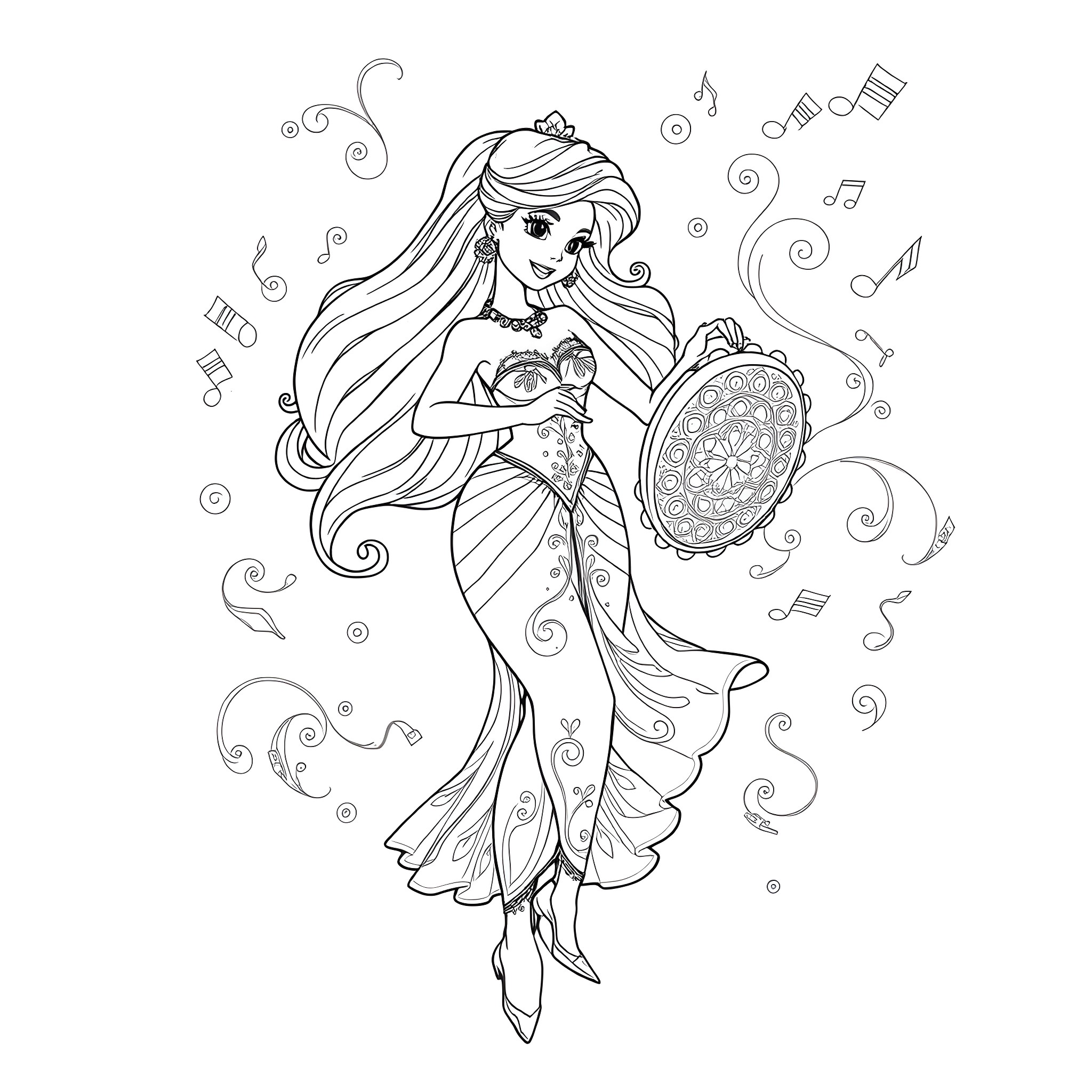 Esmeralda's Enchanting Dance Coloring Page (free black-and-white line drawing printable PDF for all, from beginners to advanced learners, including children, teens, adults, and seniors)