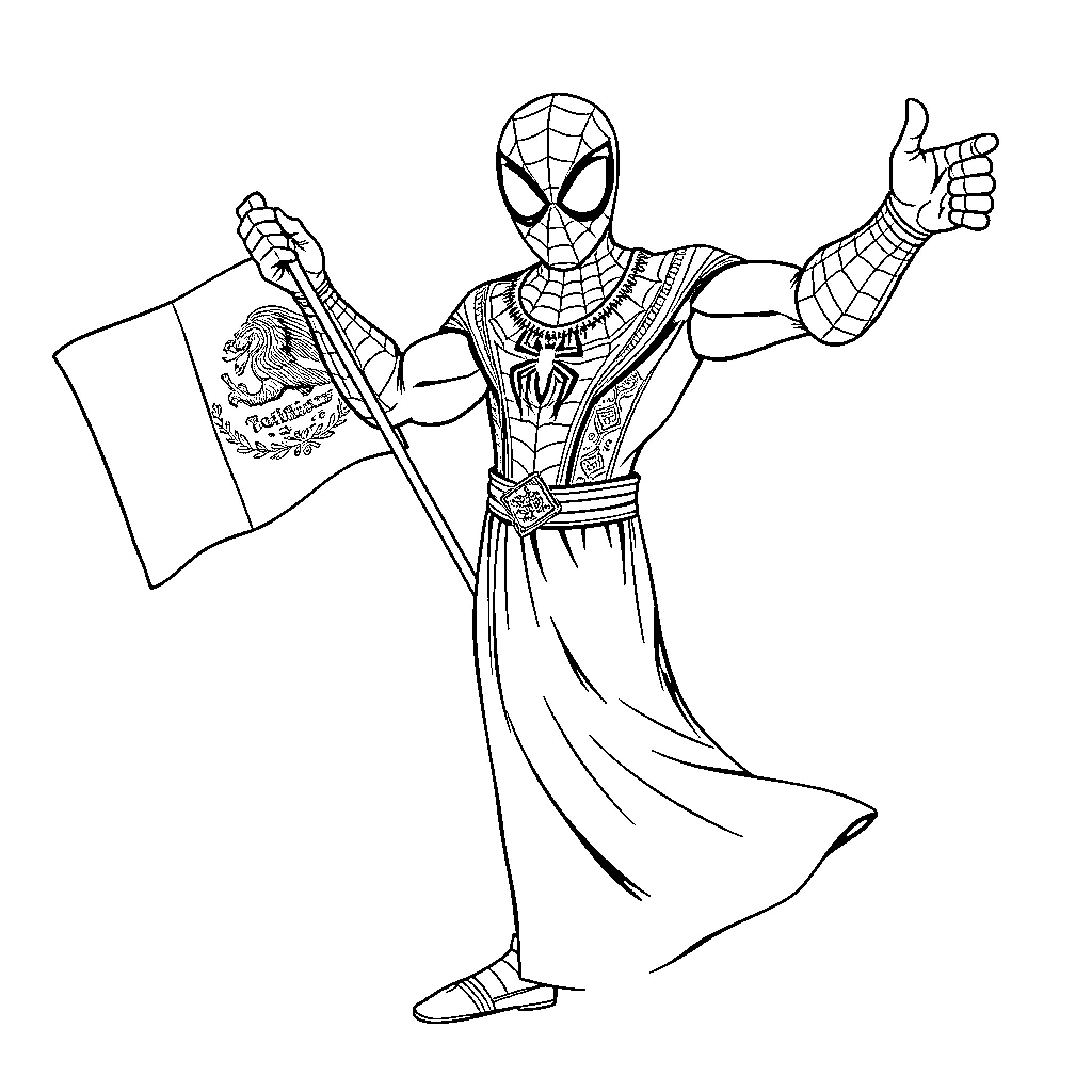 Spiderman waving flag with webbed design Coloring Page (free black-and-white line drawing printable PDF for all, from beginners to advanced learners, including children, teens, adults, and seniors)