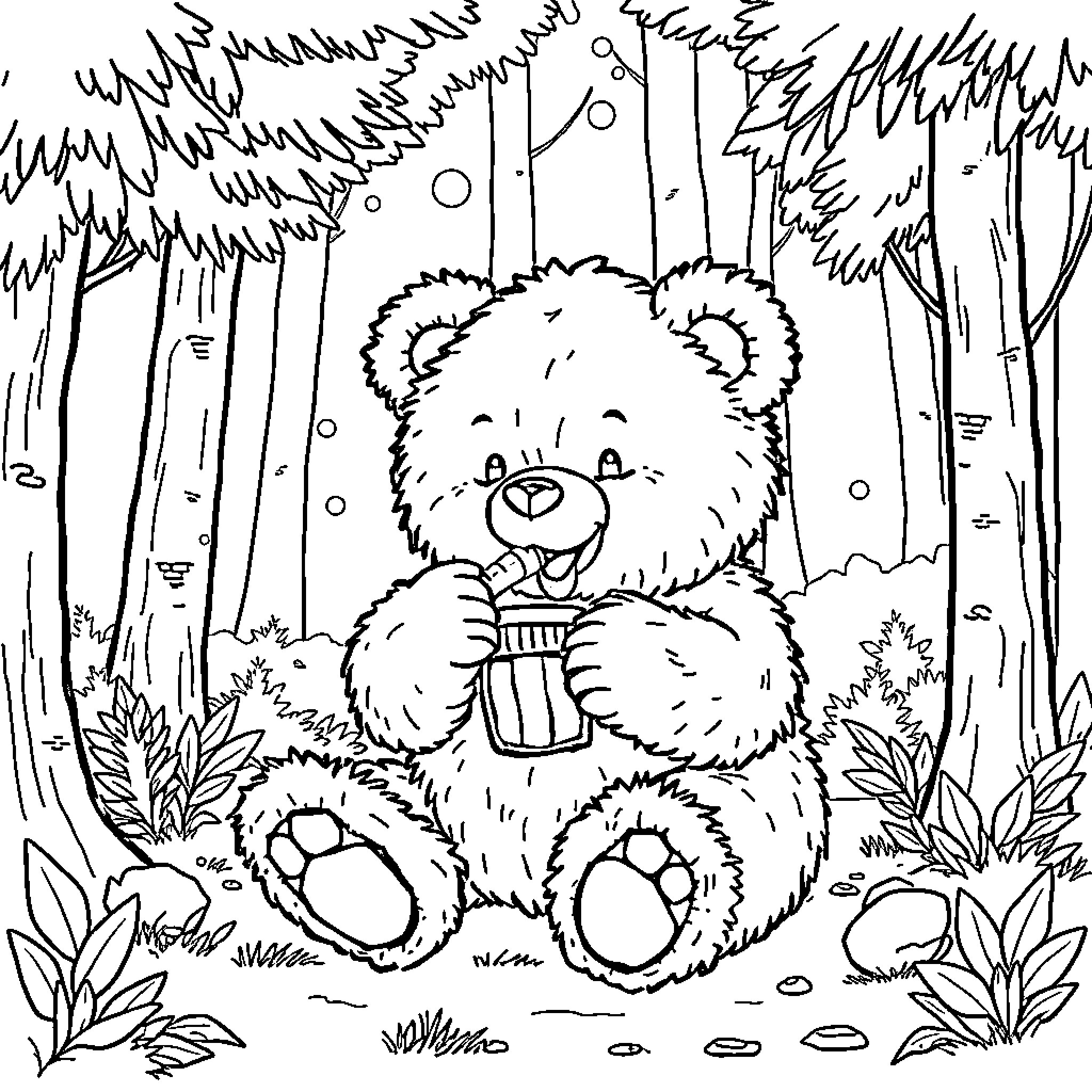 Teddy Bear Enjoying a Snack in the Forest Coloring Page (free black-and-white line drawing printable PDF for all, from beginners to advanced learners, including children, teens, adults, and seniors)