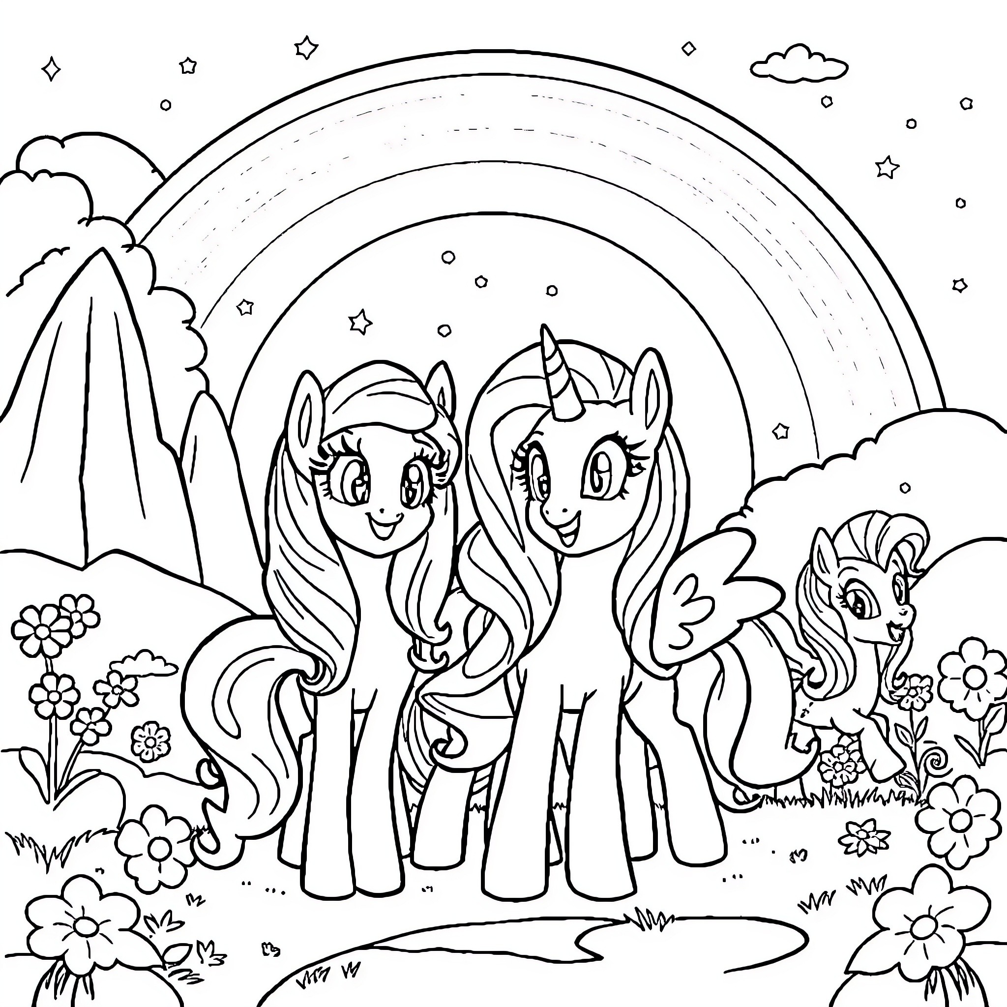 True Friendship of Playful Ponies Coloring Page (free black-and-white line drawing printable PDF for all, from beginners to advanced learners, including children, teens, adults, and seniors)