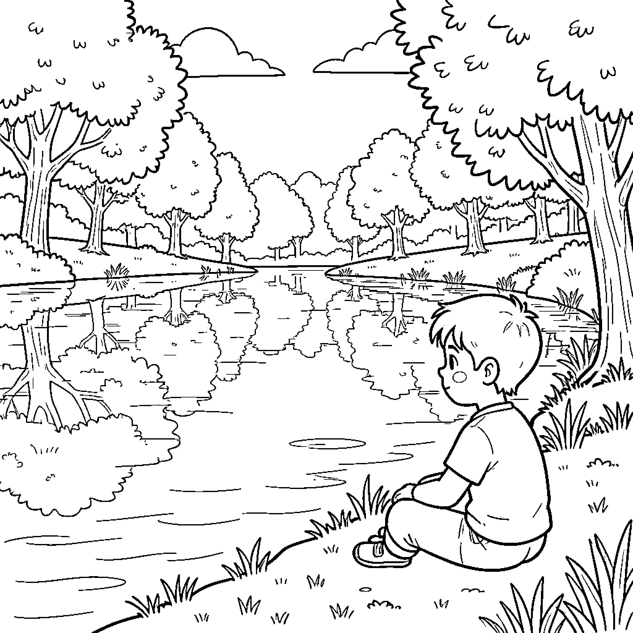 Niño contemplating the tranquil nature Coloring Page (free black-and-white line drawing printable PDF for all, from beginners to advanced learners, including children, teens, adults, and seniors)