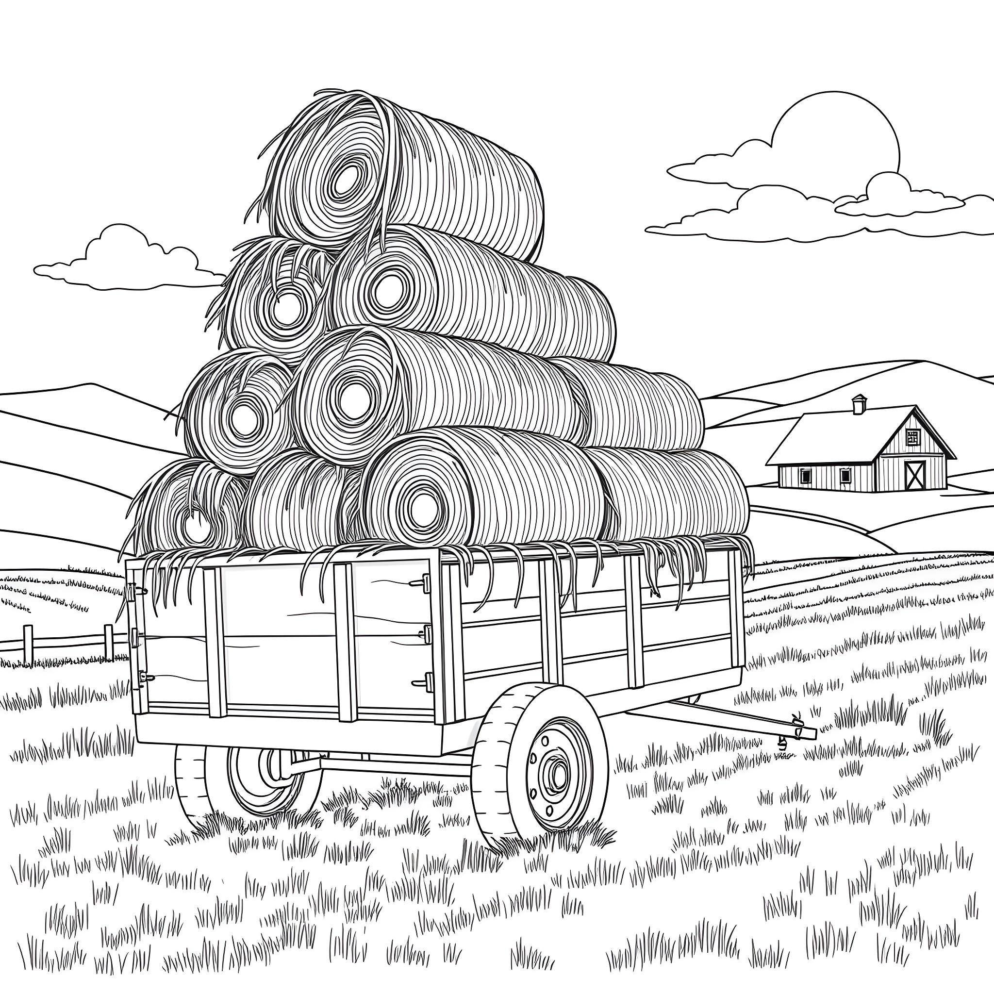 Hay Trailer Transporting Bales through Countryside Coloring Page (free black-and-white line drawing printable PDF for all, from beginners to advanced learners, including children, teens, adults, and seniors)