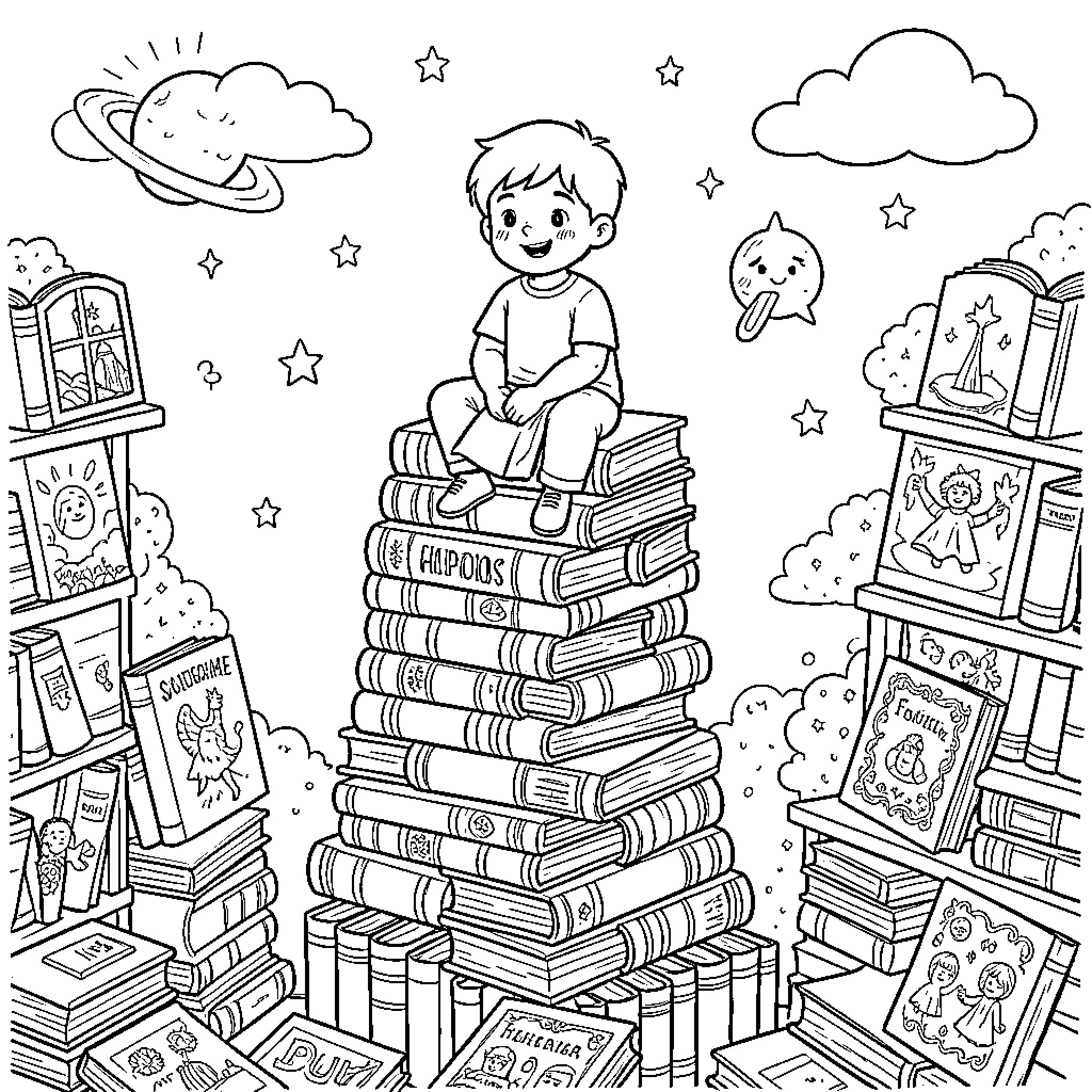 Niño reading and discovering the magic of books Coloring Page (free black-and-white line drawing printable PDF for all, from beginners to advanced learners, including children, teens, adults, and seniors)