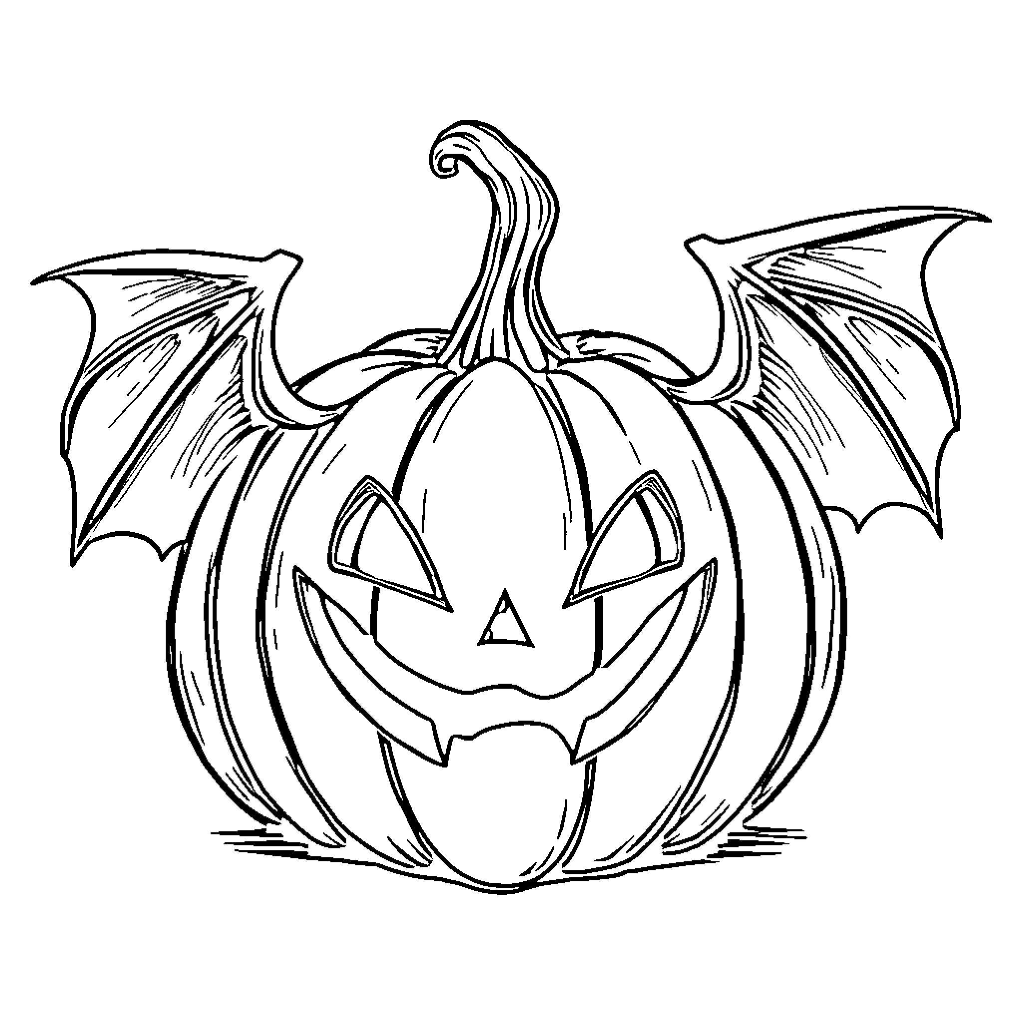 Pumpkin with demonic wings and jack-o'-lantern face Coloring Page (free black-and-white line drawing printable PDF for all, from beginners to advanced learners, including children, teens, adults, and seniors)