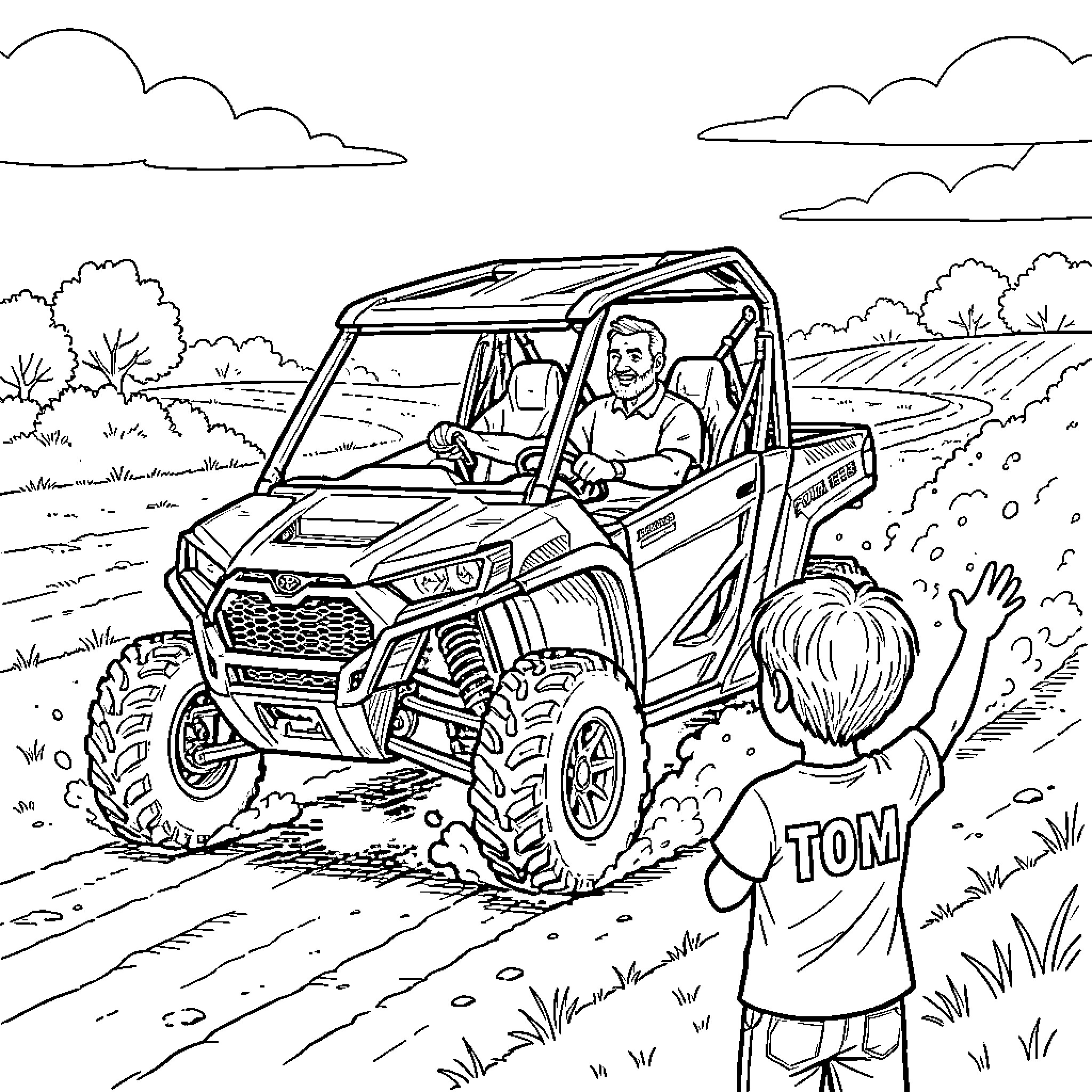 Buggy driven by a man while a boy waves Coloring Page (free black-and-white line drawing printable PDF for all, from beginners to advanced learners, including children, teens, adults, and seniors)