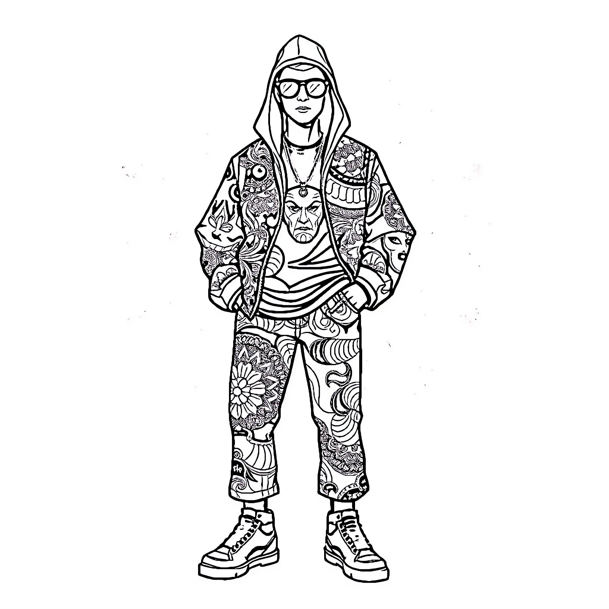 Fashion of Ornate Attire and Accessories Coloring Page (free black-and-white line drawing printable PDF for all, from beginners to advanced learners, including children, teens, adults, and seniors)