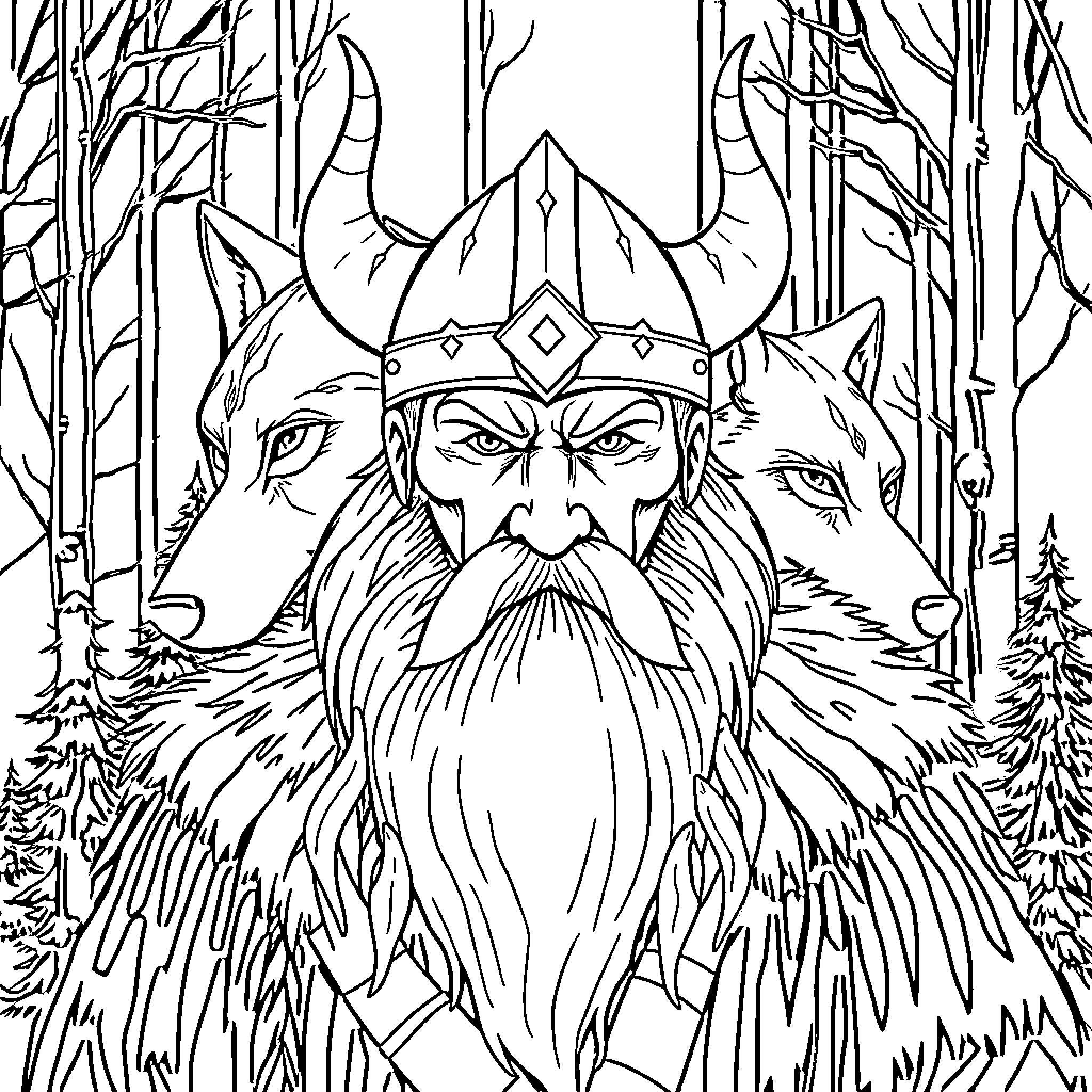 Viking warrior in a mystical forest surrounded by wolves Coloring Page (free black-and-white line drawing printable PDF for all, from beginners to advanced learners, including children, teens, adults, and seniors)