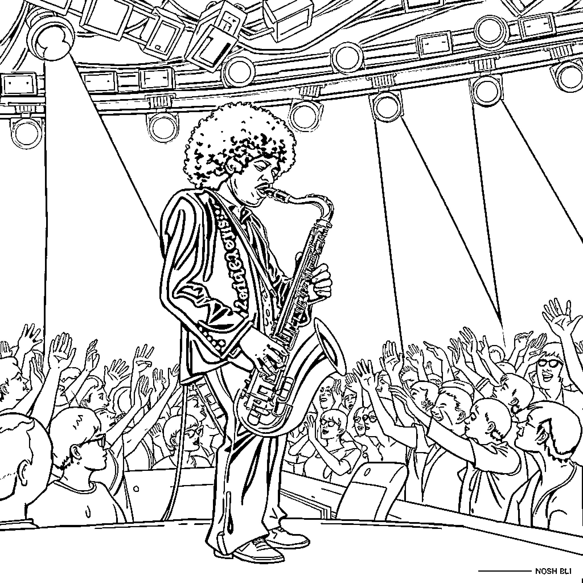 Jimi Hendrix performing energetically on stage Coloring Page (free black-and-white line drawing printable PDF for all, from beginners to advanced learners, including children, teens, adults, and seniors)