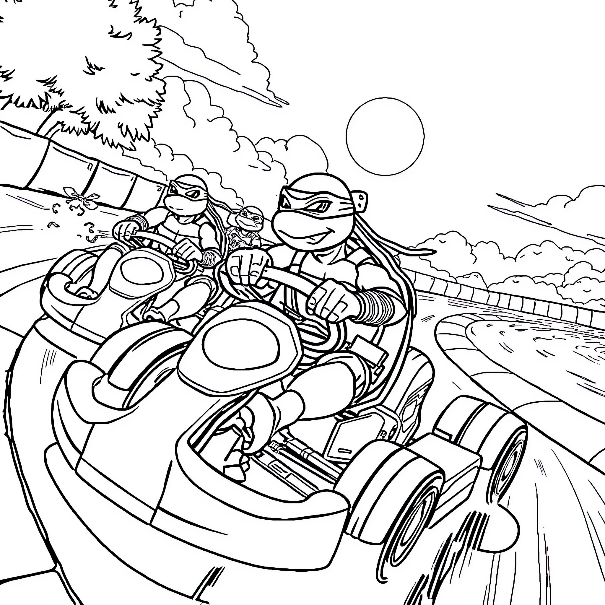 Ninja Turtles racing in their high-speed vehicle Coloring Page (free black-and-white line drawing printable PDF for all, from beginners to advanced learners, including children, teens, adults, and seniors)